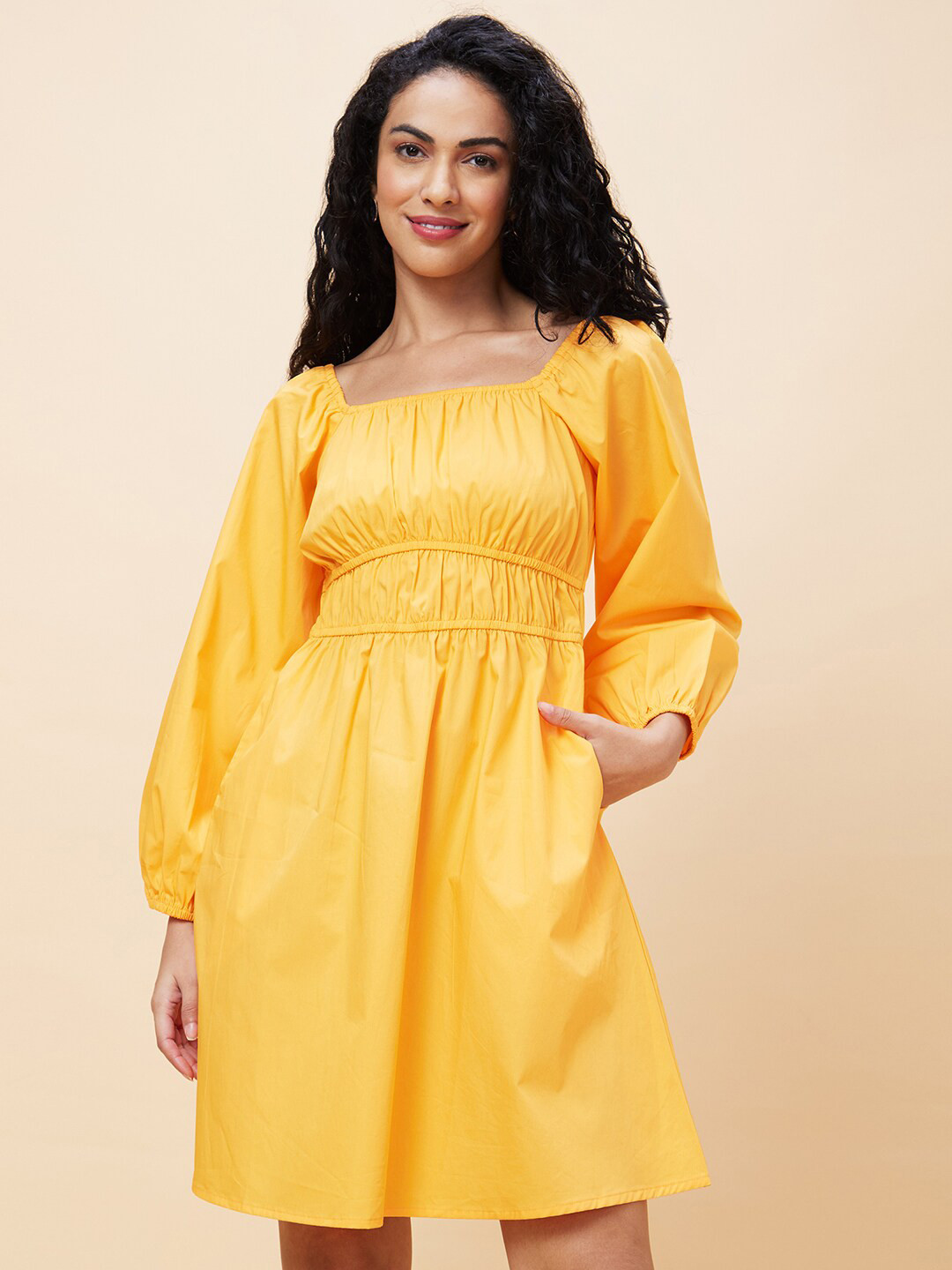 Globus Yellow Square Neck Puff Sleeves Gathered Cotton Fit & Flare Dress