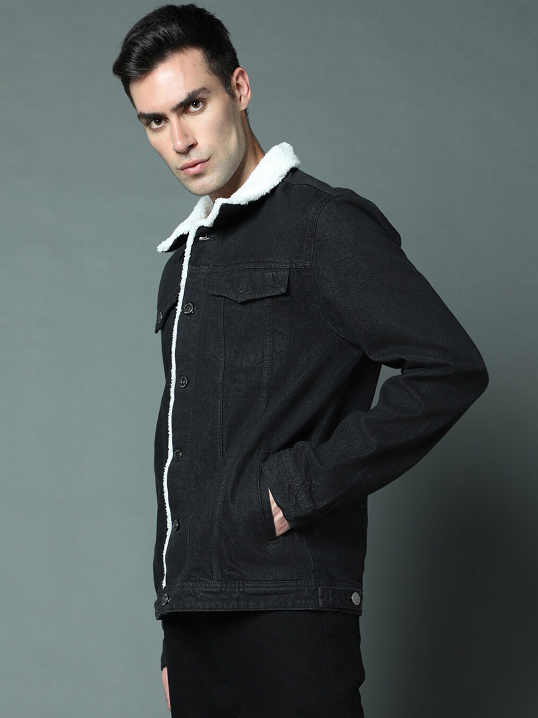 High Star Spread Collar Faux Fur Trim Cotton Denim Jacket