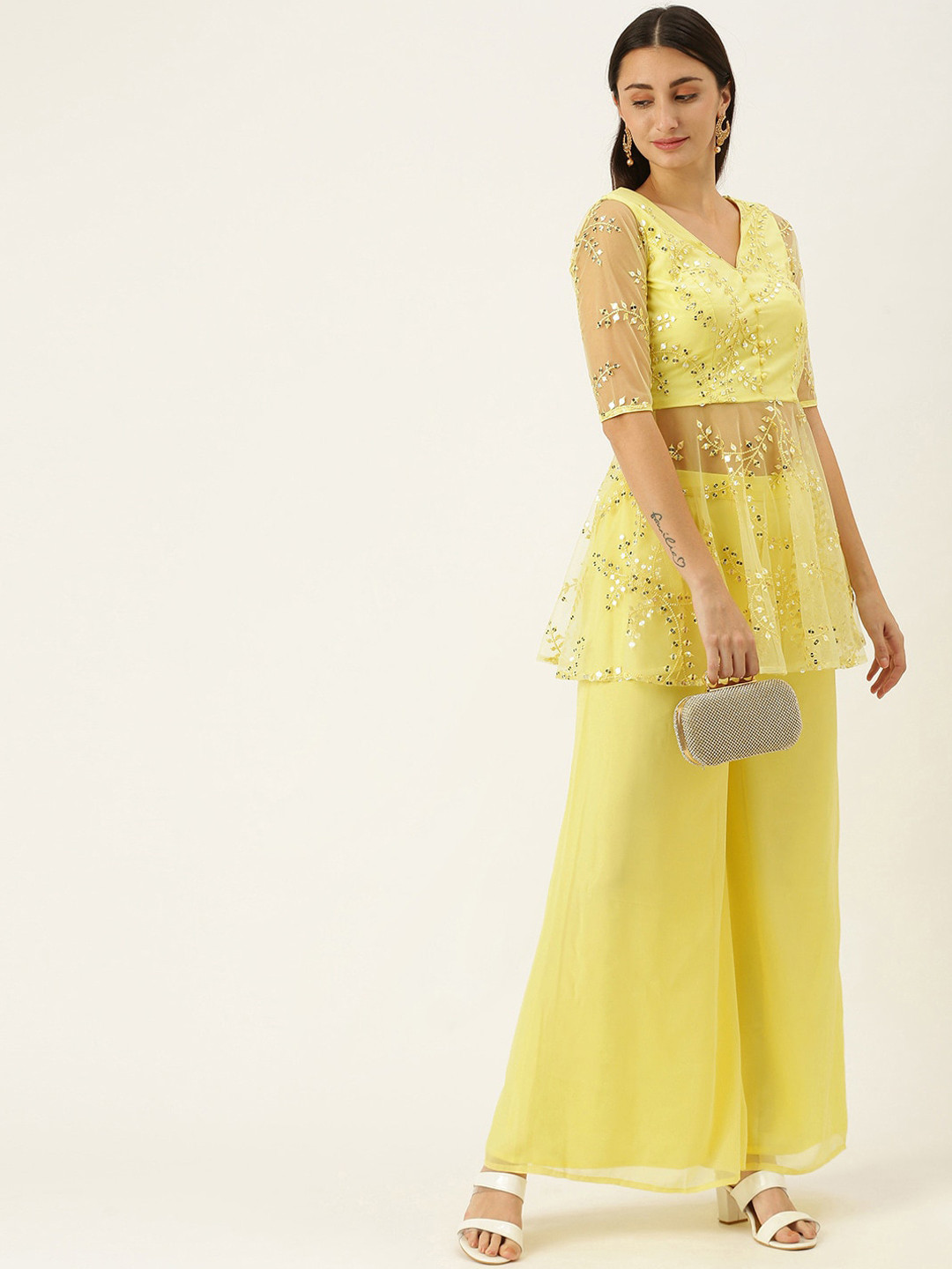 Ethnovog Embellished V-Neck Embroidered Peplum Top