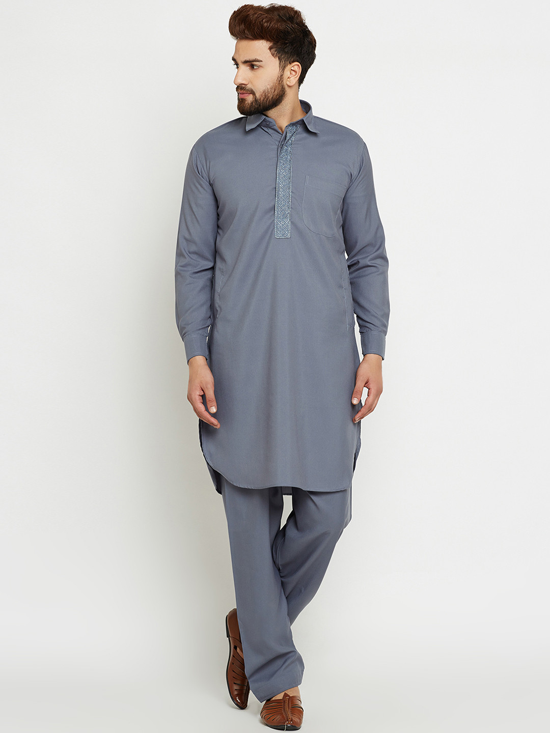 SOJANYA Men Grey Solid Kurta with Salwar