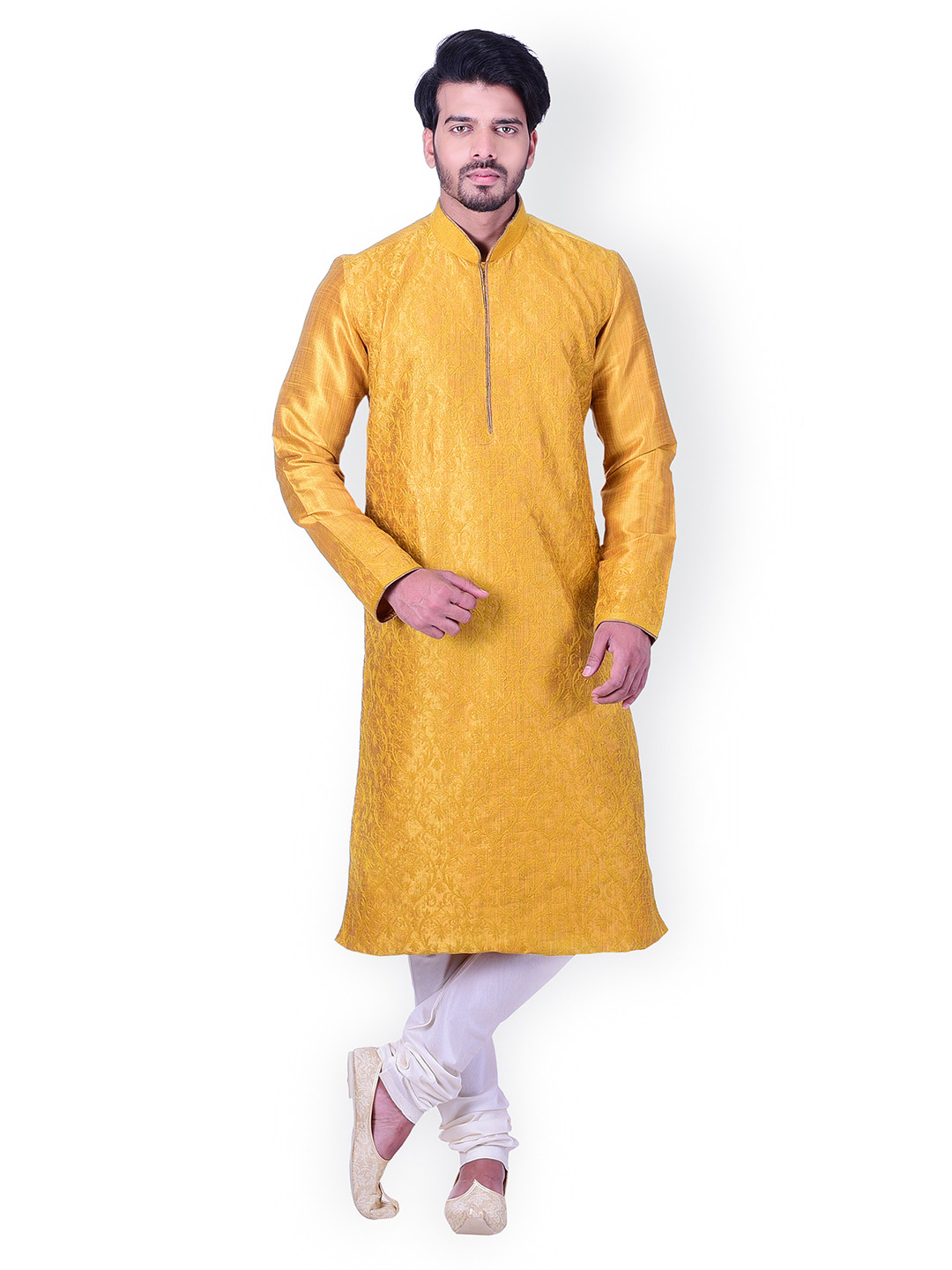 Manyavar Men Yellow & White Self-Design Kurta with Churidar