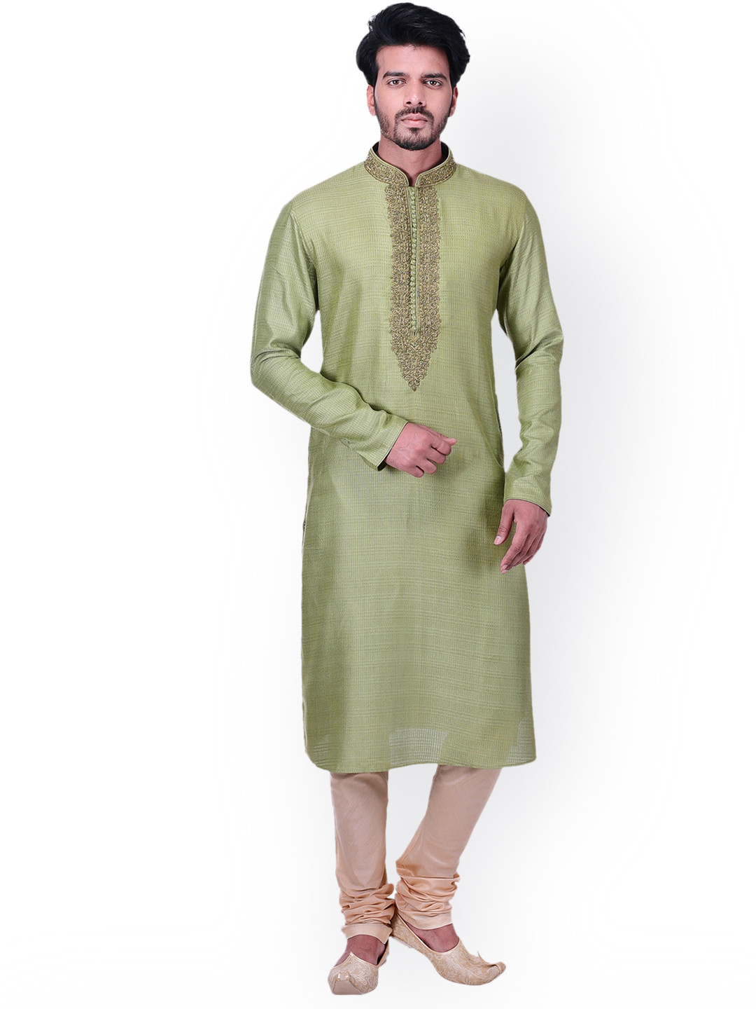 Manyavar Men Pista Green & Beige Self Design Kurta with Churidar