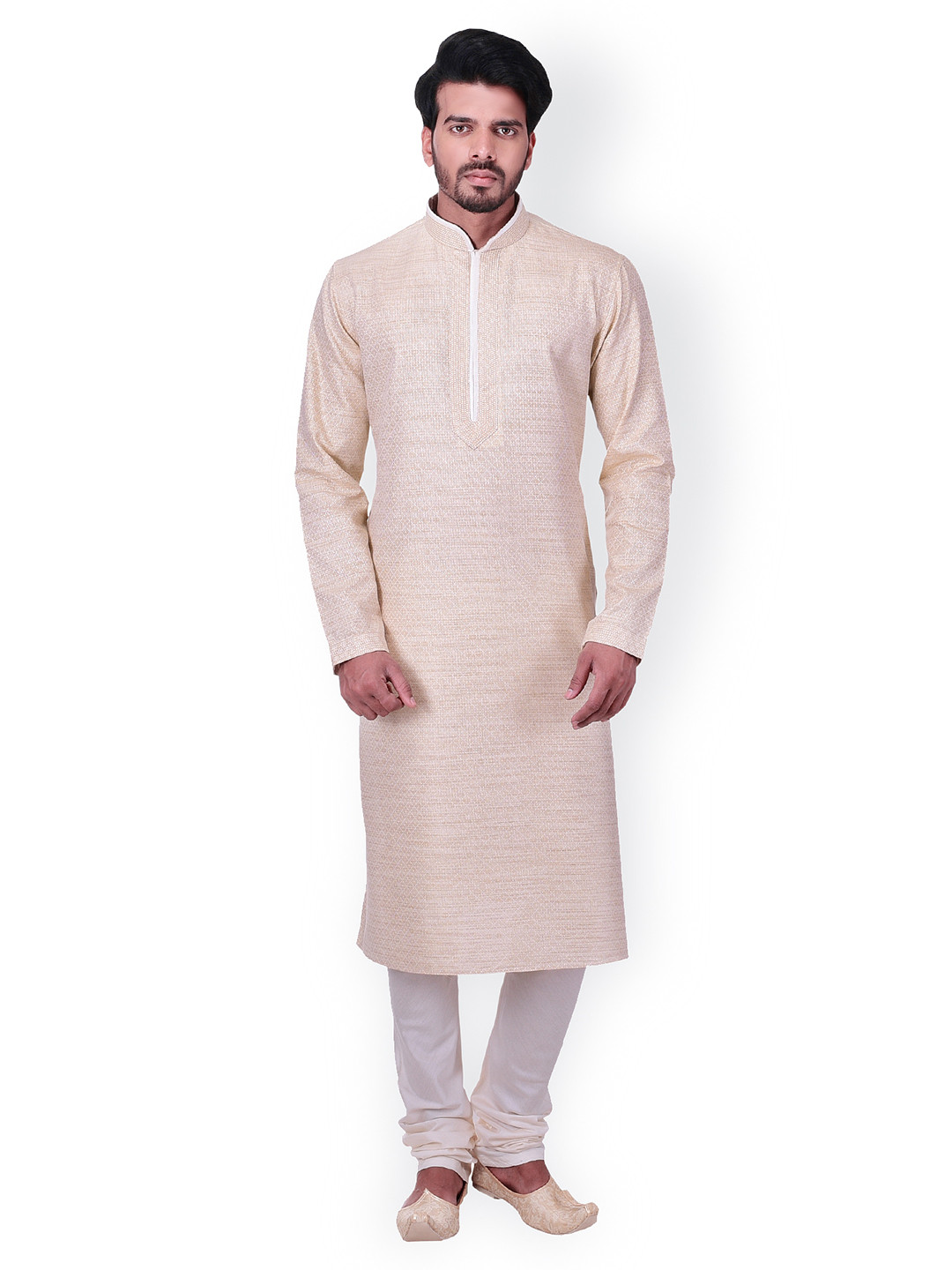 Manyavar Men Off-White & Beige Self Design Kurta with Churidar