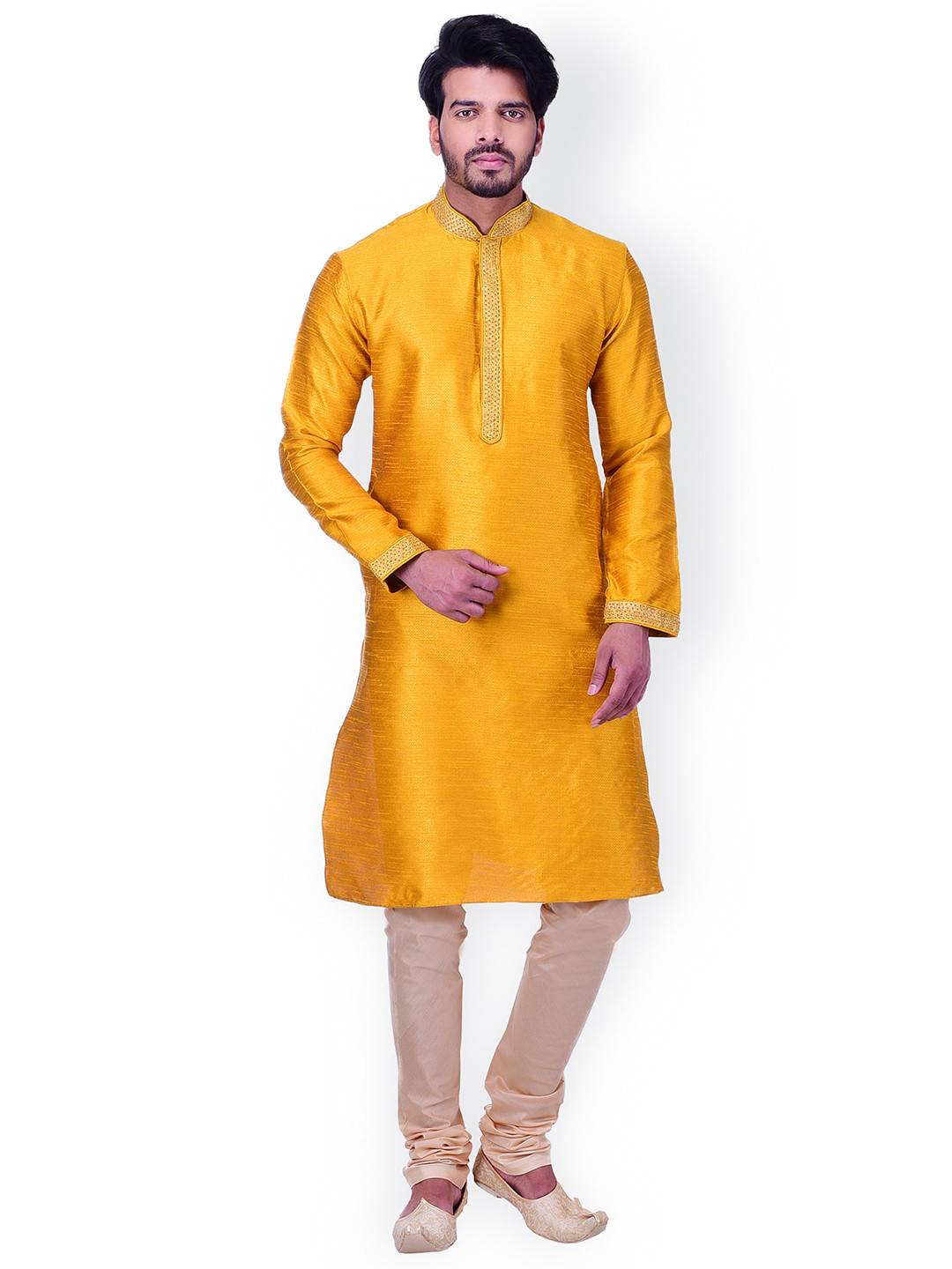 Manyavar Men Mustard And Beige Self Design Kurta with Churidar
