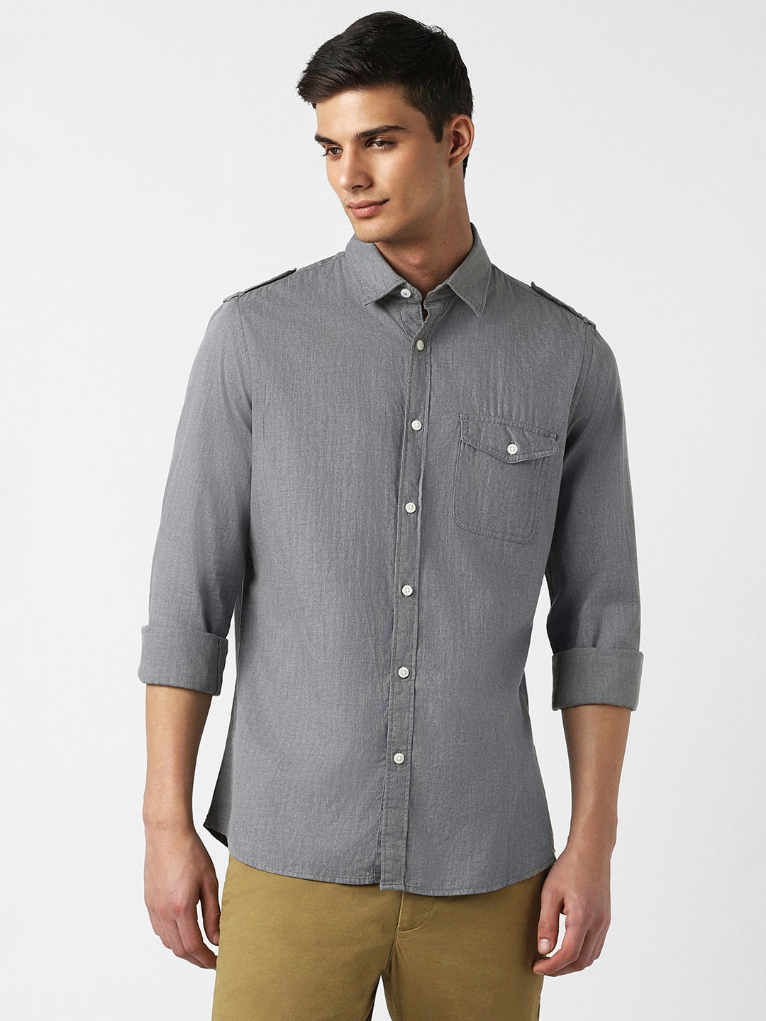 Van Heusen Sport Grey Slim Fit Spread Collar Casual Shirt