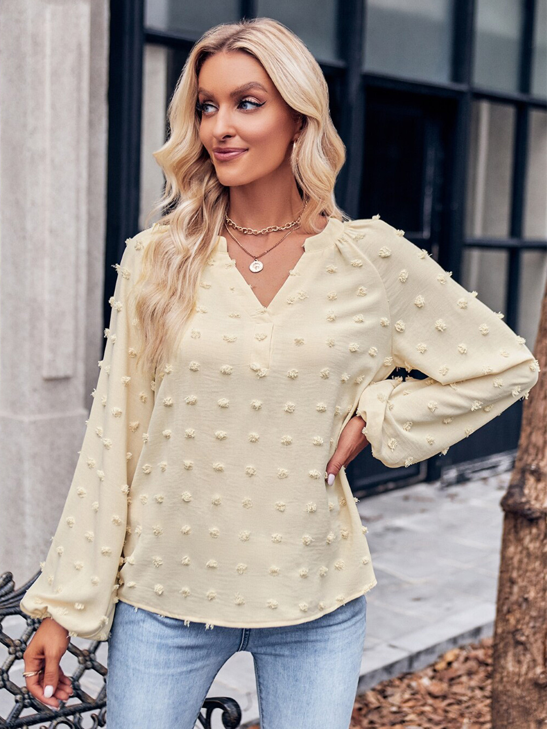 StyleCast Cream V-Neck Puff Sleeves Top