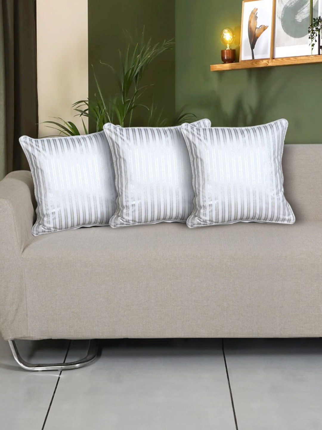 Ode & Cleo Silver Striped Cotton Quick-Dry 3 Pcs Cushion Covers - 17.7 x 17.7 Inches