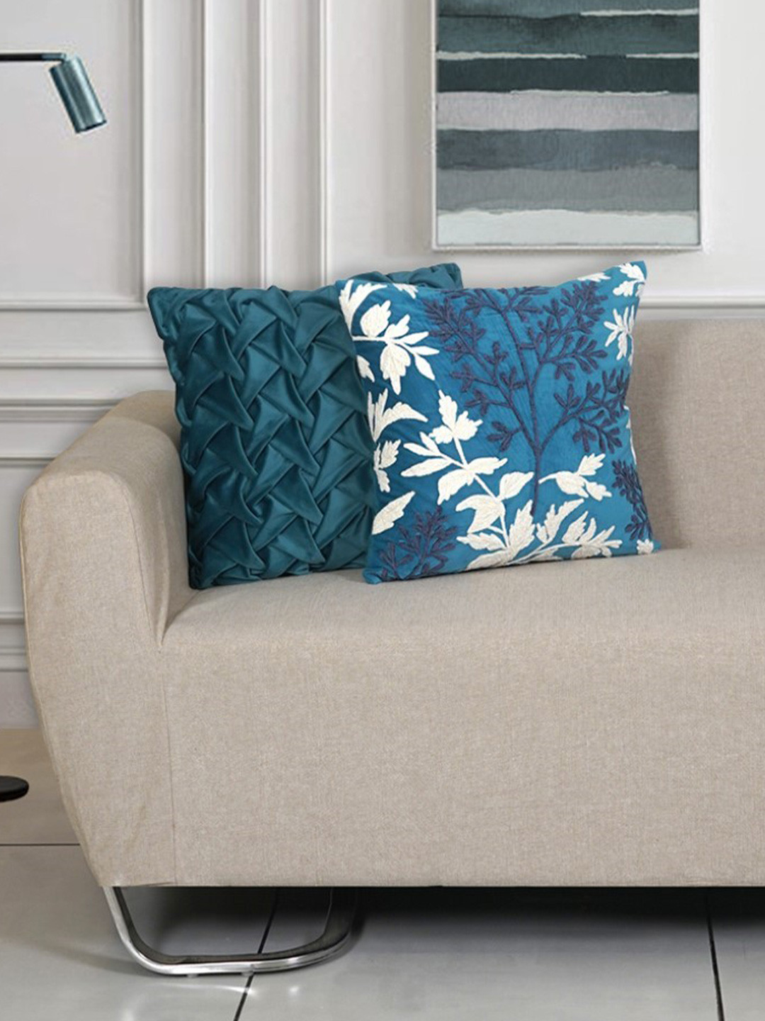 Ode & Cleo Teal Blue Smocked Pattern Pure Cotton Square Cushion Cover