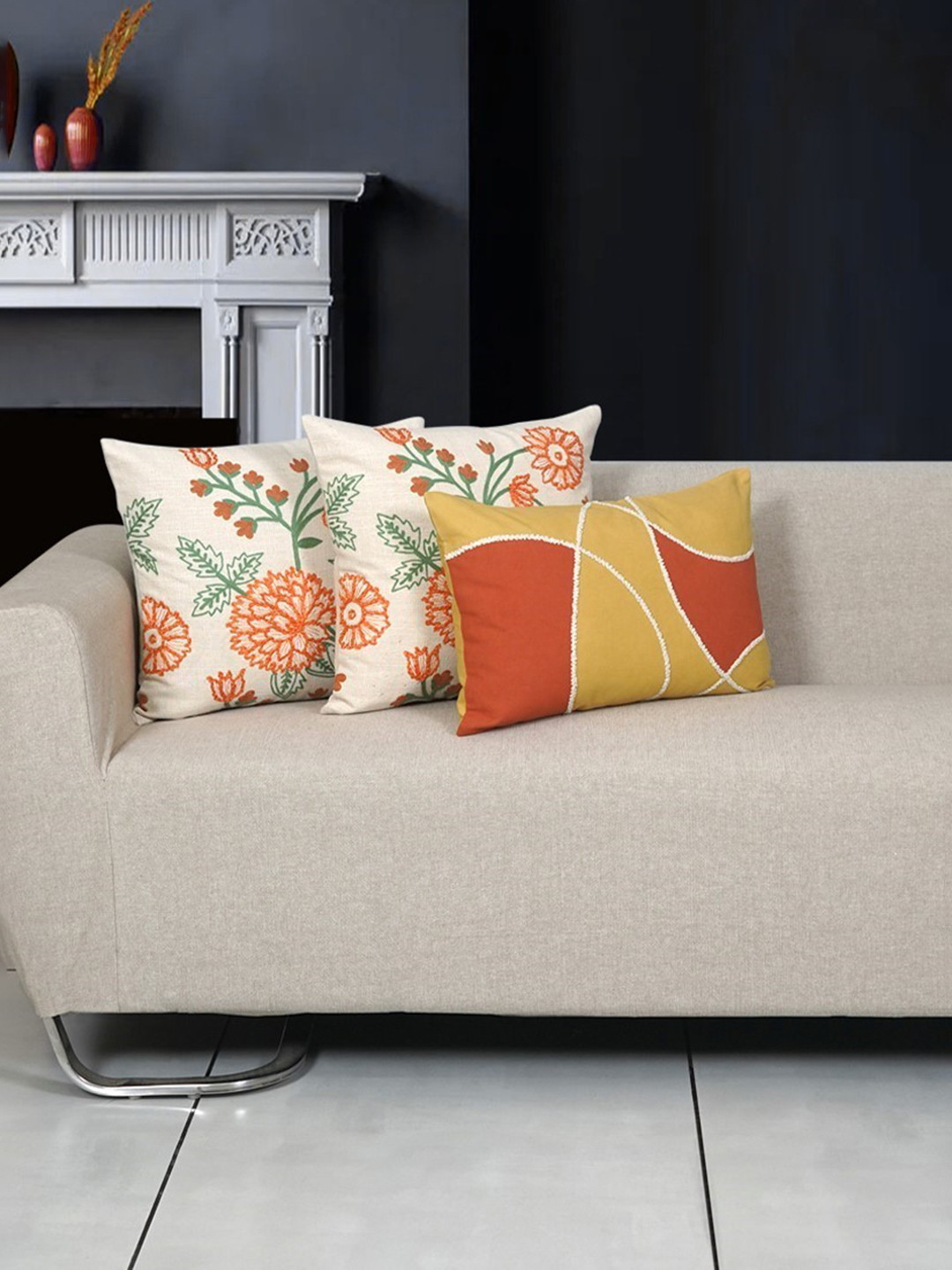 Ode & Cleo Embroidered Cotton 3 Pcs Square Cushion Covers - 16 x 16 In