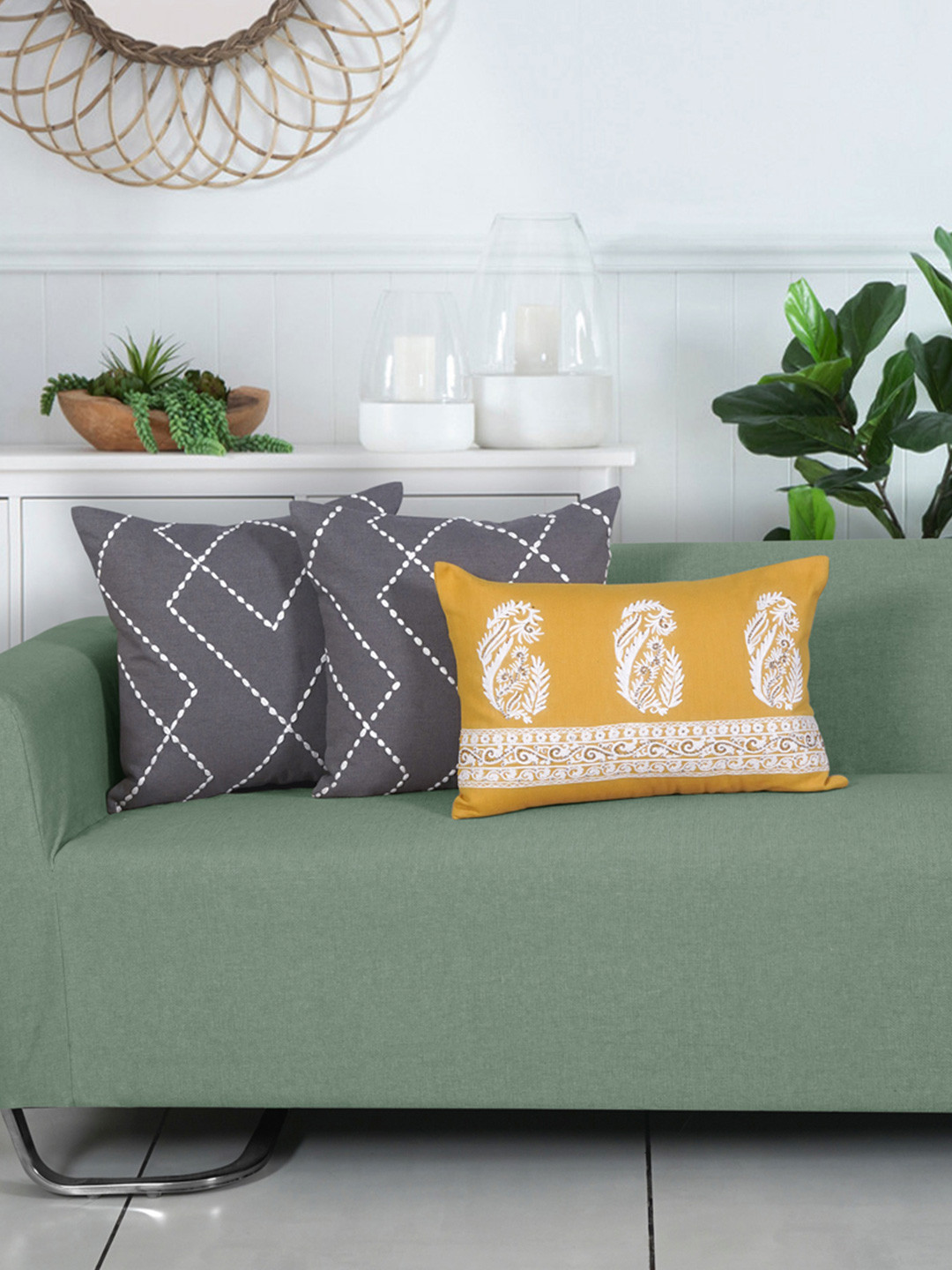 Ode & Cleo Embroidered Cotton Breathable 3 Pcs Cushion Covers - 17.7 x 17.7 Inches