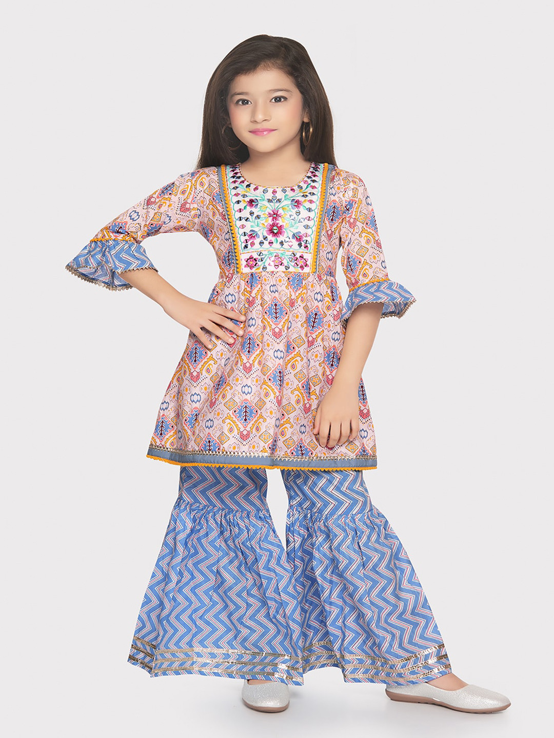 BETTY Ethnic Motifs Printed Gotta Patti Pure Cotton A-Line Kurta With Sharara