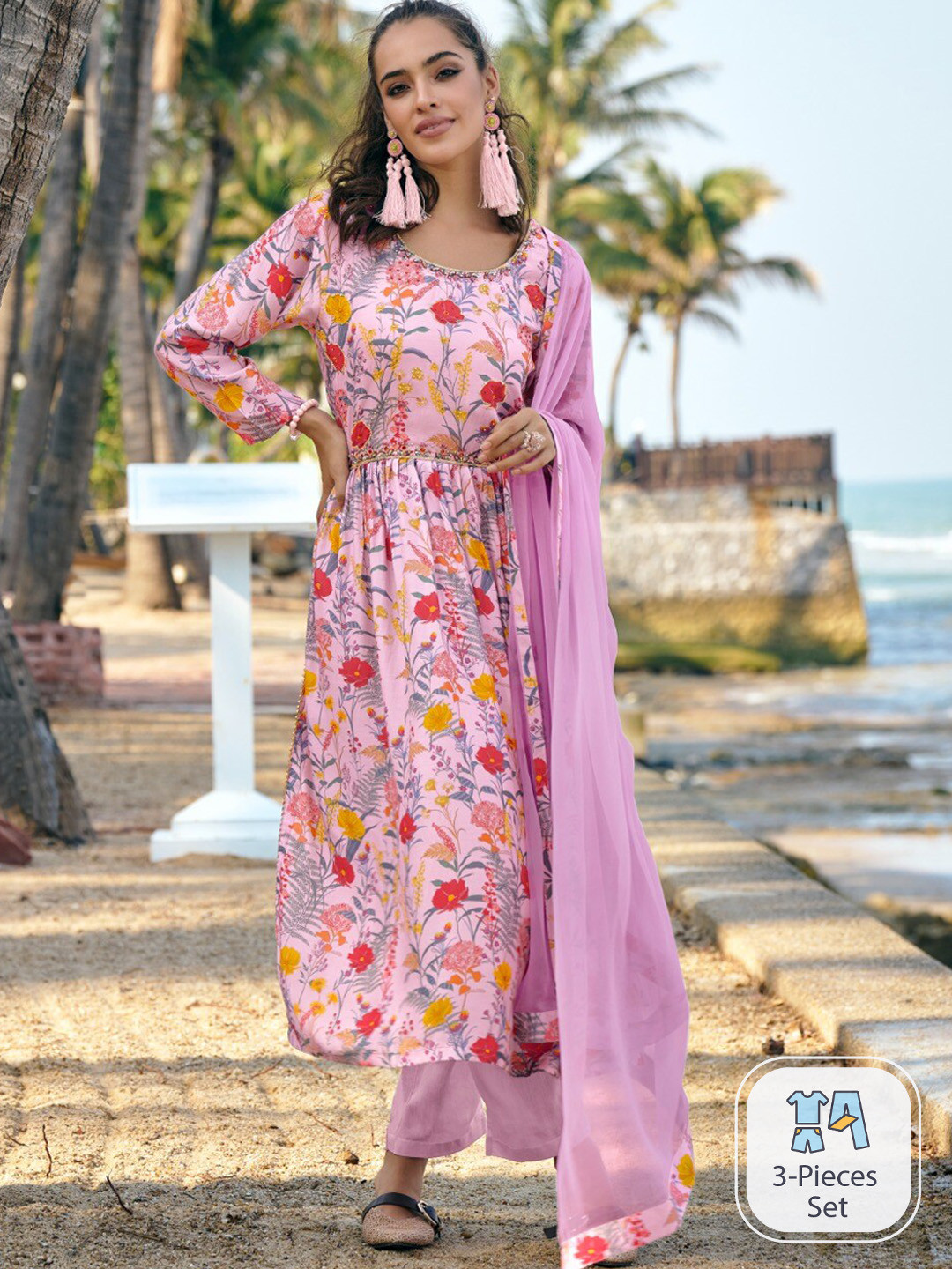 AUTUMN LANE Floral Printed Empire Kurta with Salwar & With Dupatta