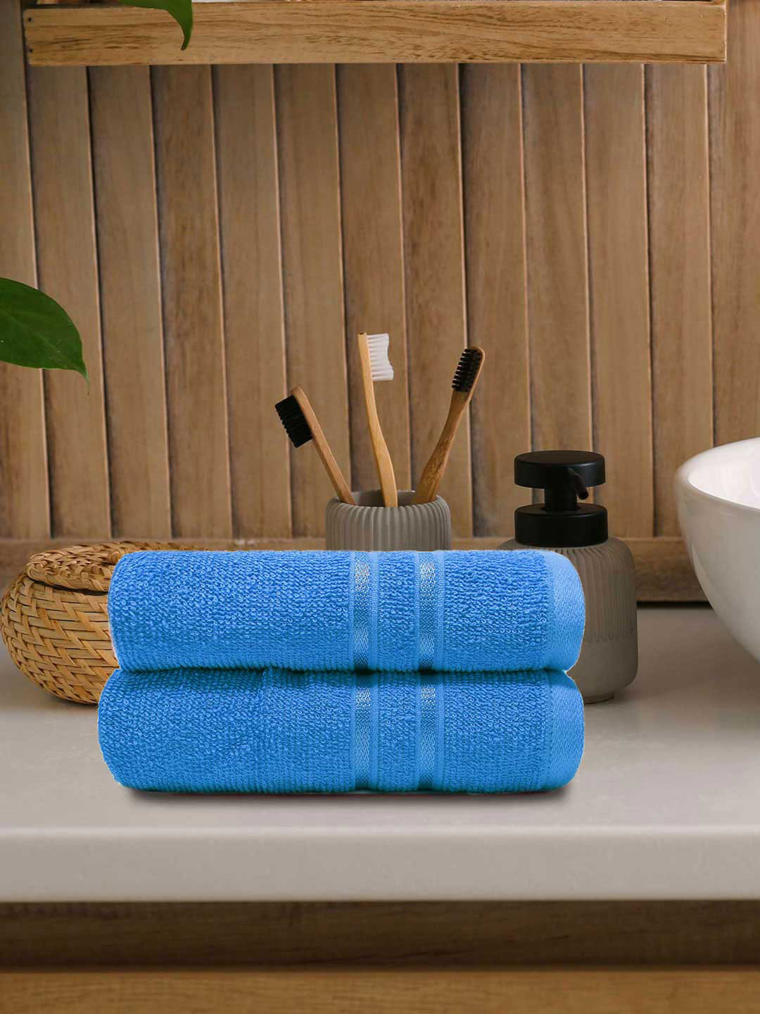 MYTRIDENT 2 Pcs Blue 400 GSM Pure-Cotton Hand Towels