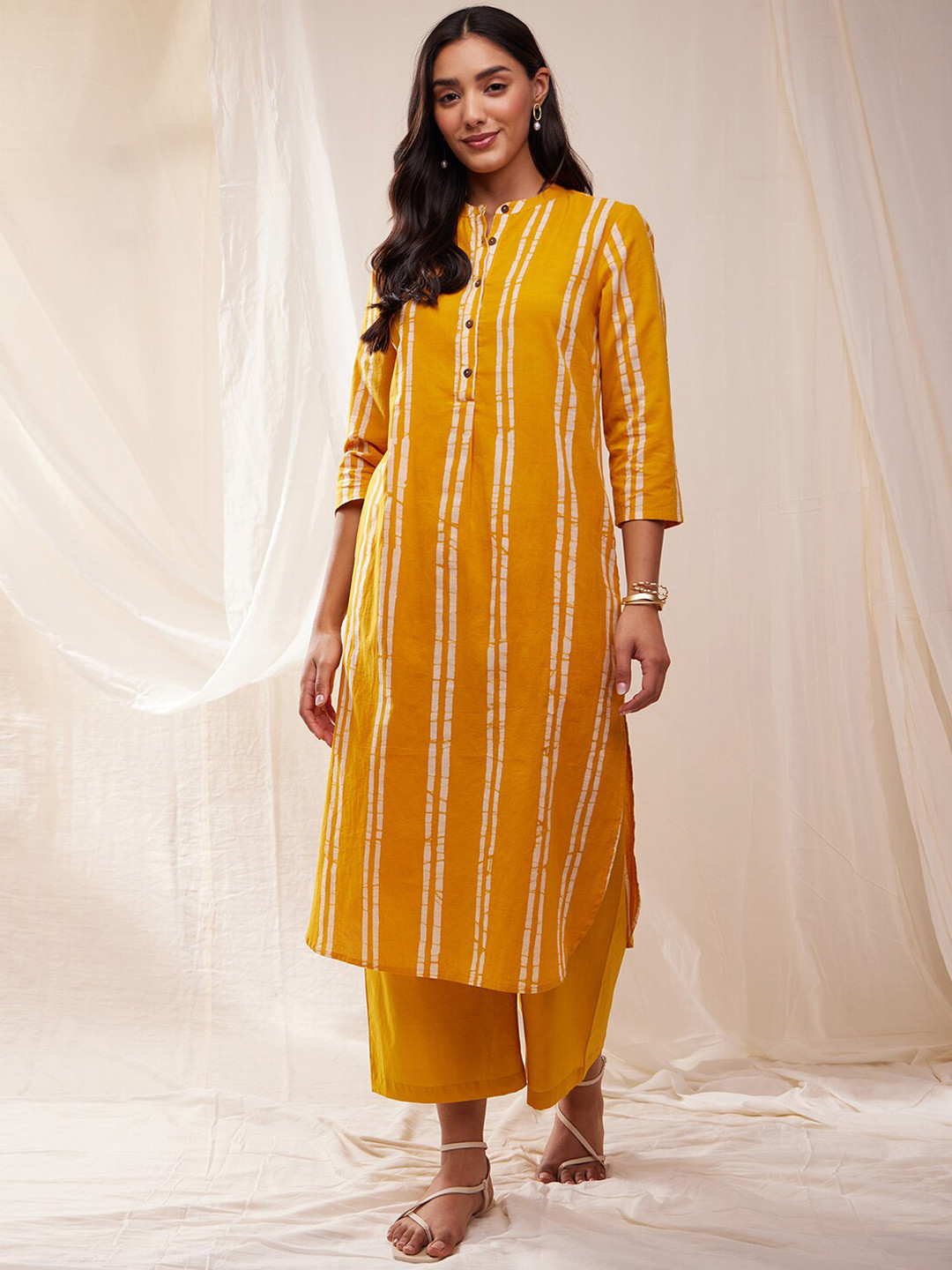 Pink Fort Striped Band Collar Straight Kurta