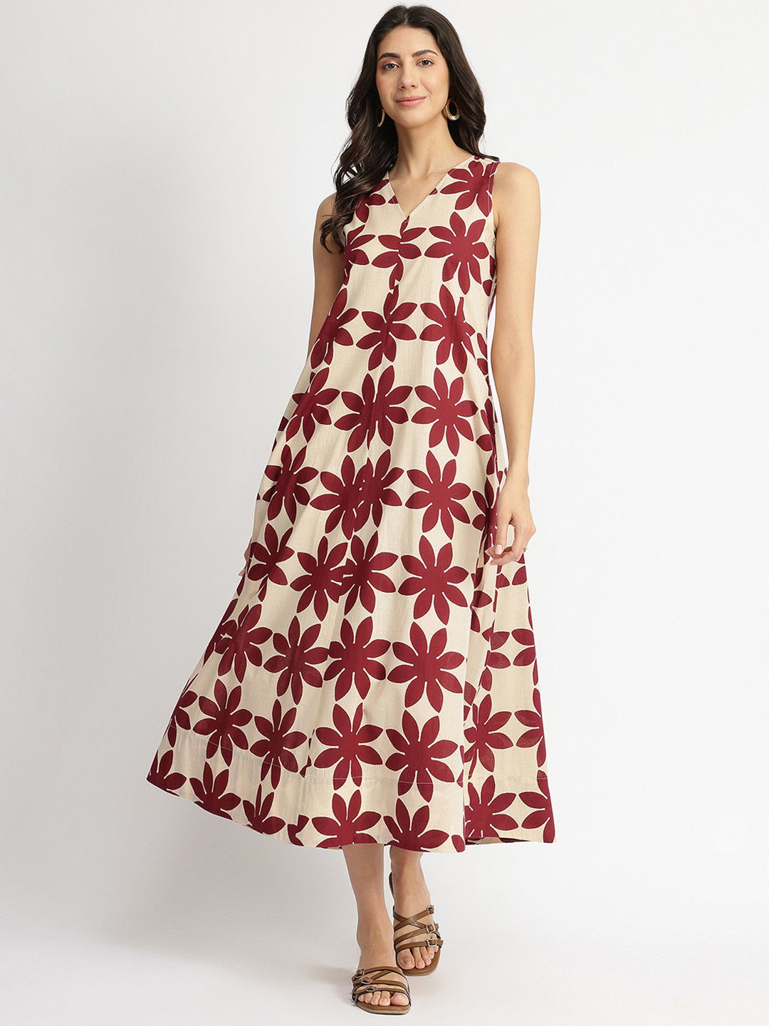 Pink Fort Floral Printed Cotton A-Line Midi Dress