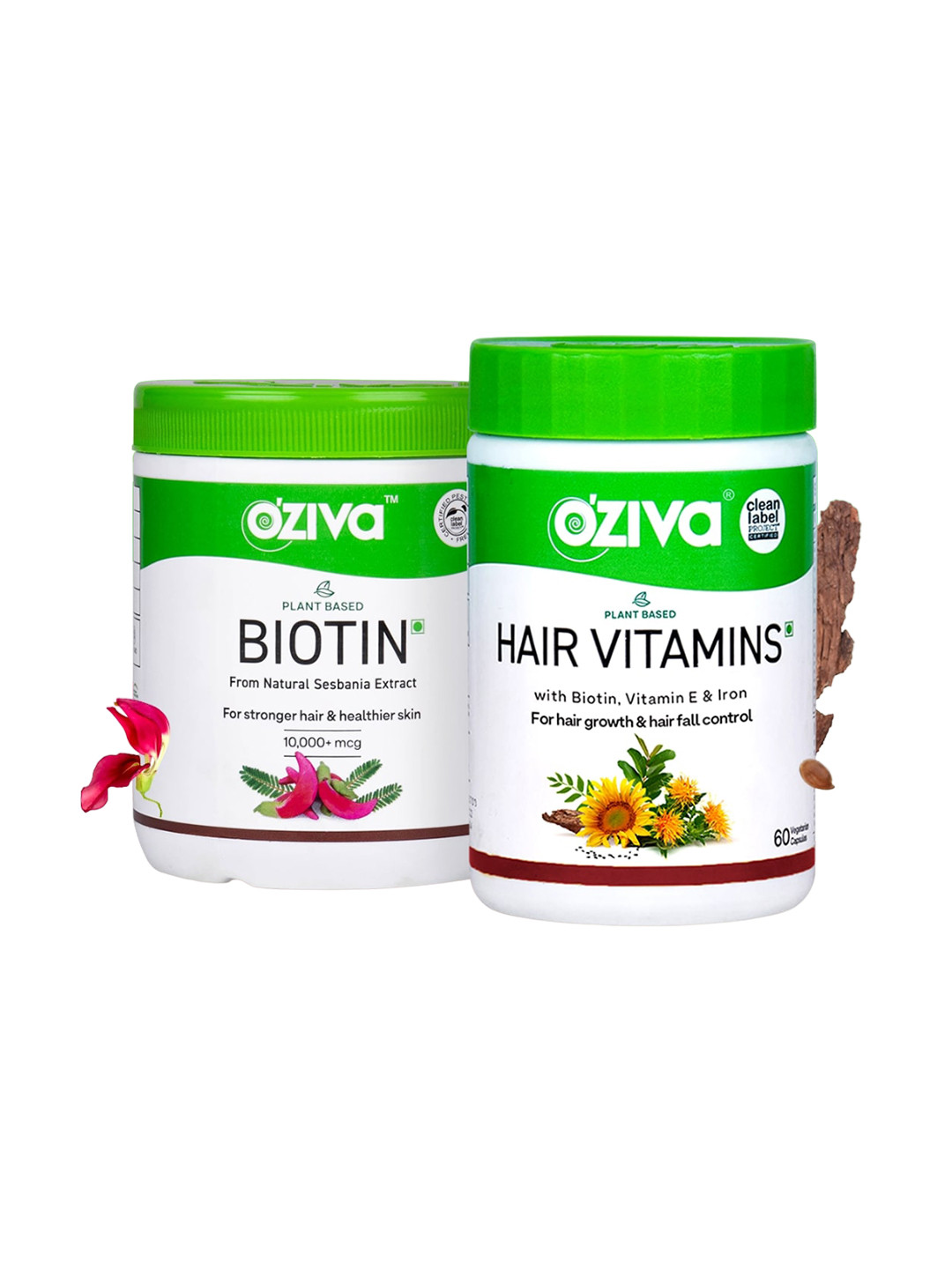 OZiva Plant Based Biotin Powder - 10000mcg & Hair Vitamins - 60 Capsules