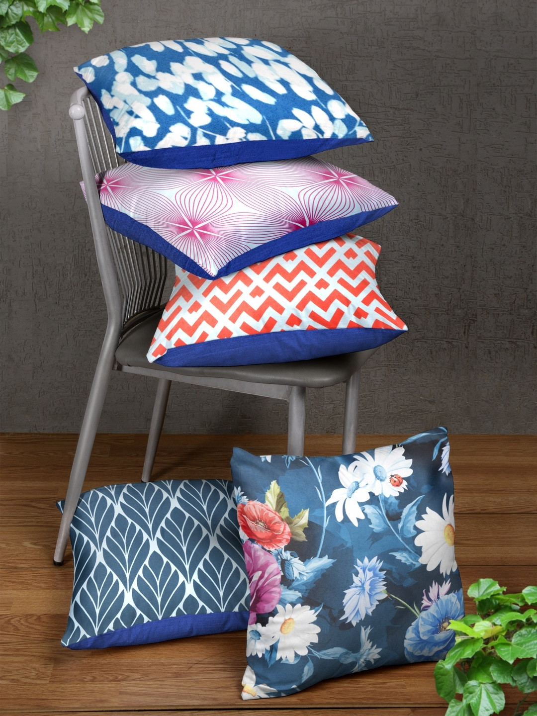 HOUZZCODE Multicoloured Floral Polyester Washable 5 Piece Square Cushion Covers -16x16In
