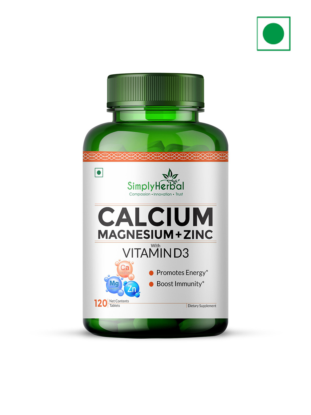 Simply Herbal Calcium Magnesium+Zinc Tablets with Vitamin D3 - 120 Tablets