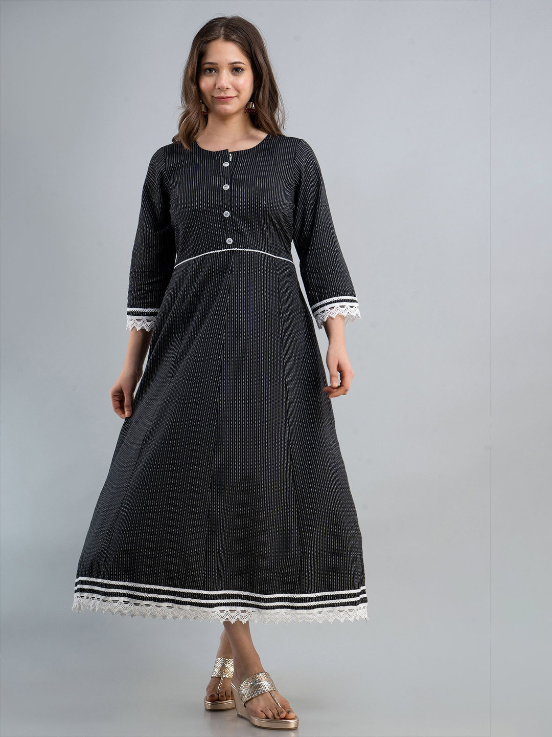 NAMDEV Striped Round Neck Gathered Cotton Fit & Flare Maxi Ethnic Dress