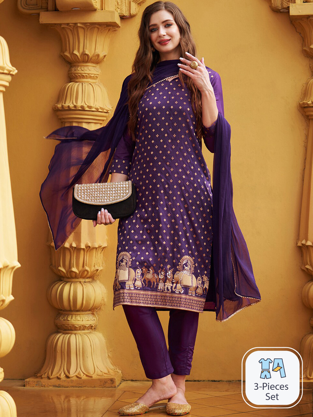 GoSriKi Ethnic Motifs Printed Gotta Patti Kurta With Trousers & Dupatta