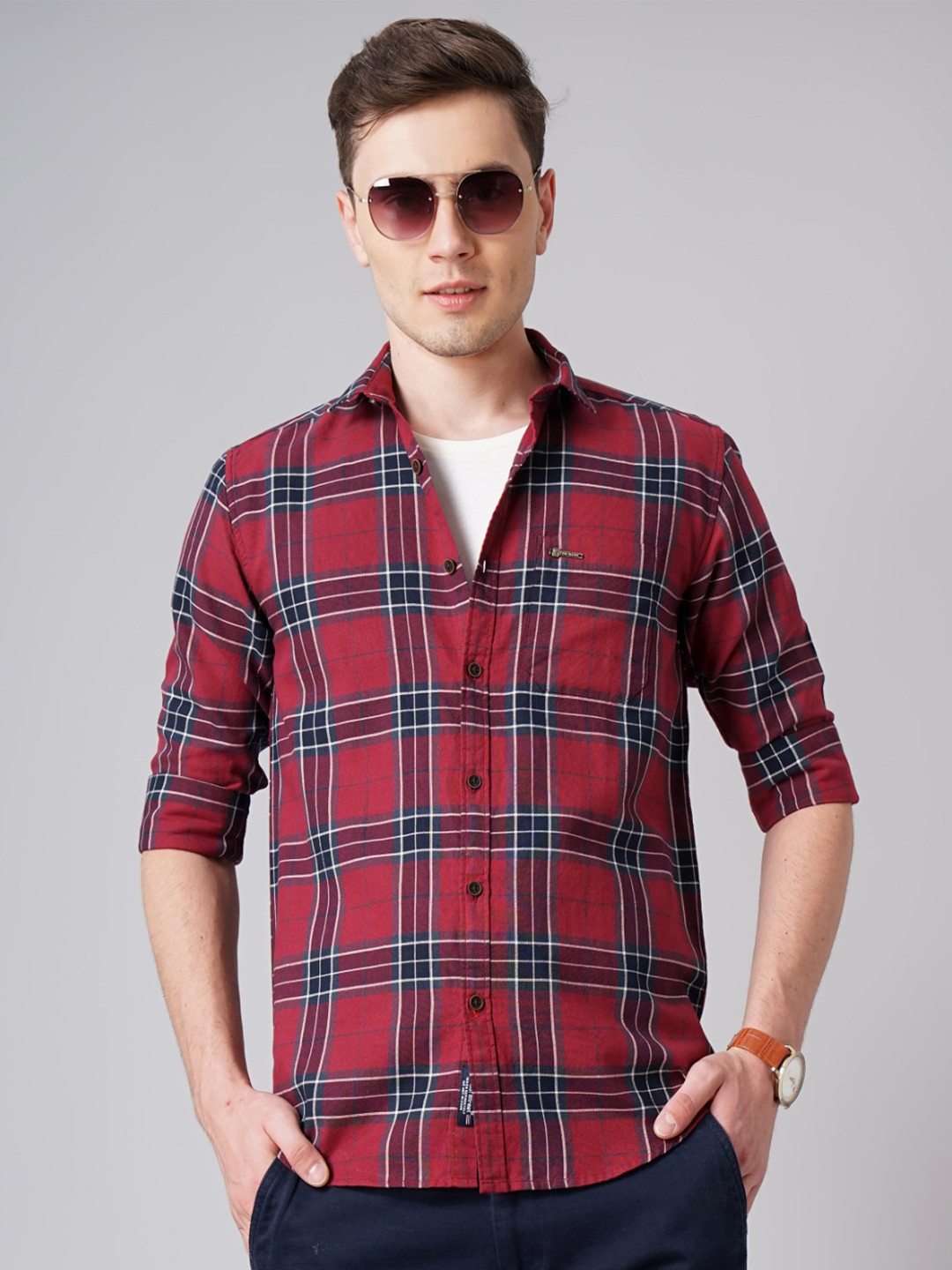 PAUL STREET Standard Slim Fit Tartan Checks Oxford Cotton Casual Shirt