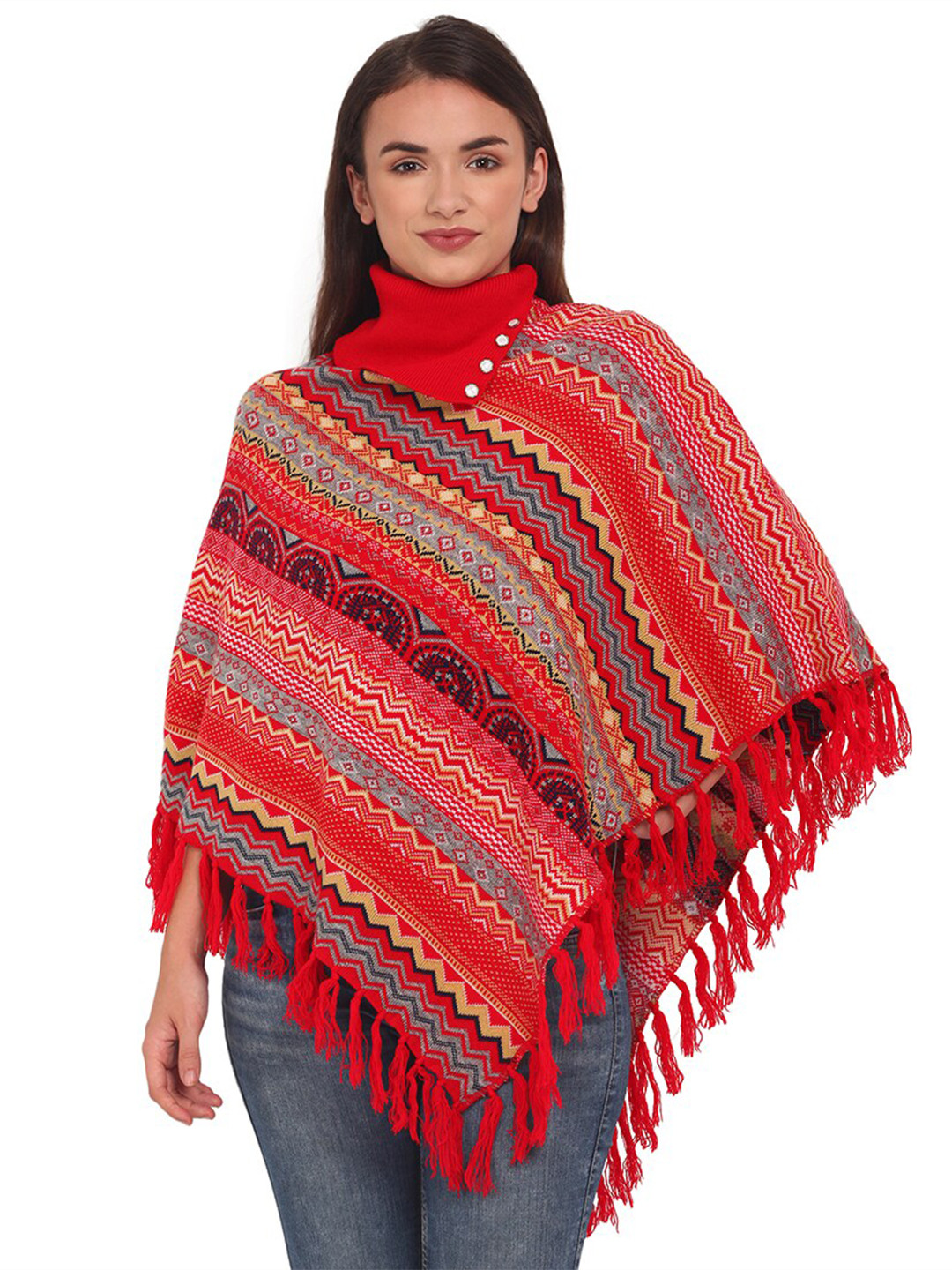 eWools Geometric Printed Woolen Longline Poncho