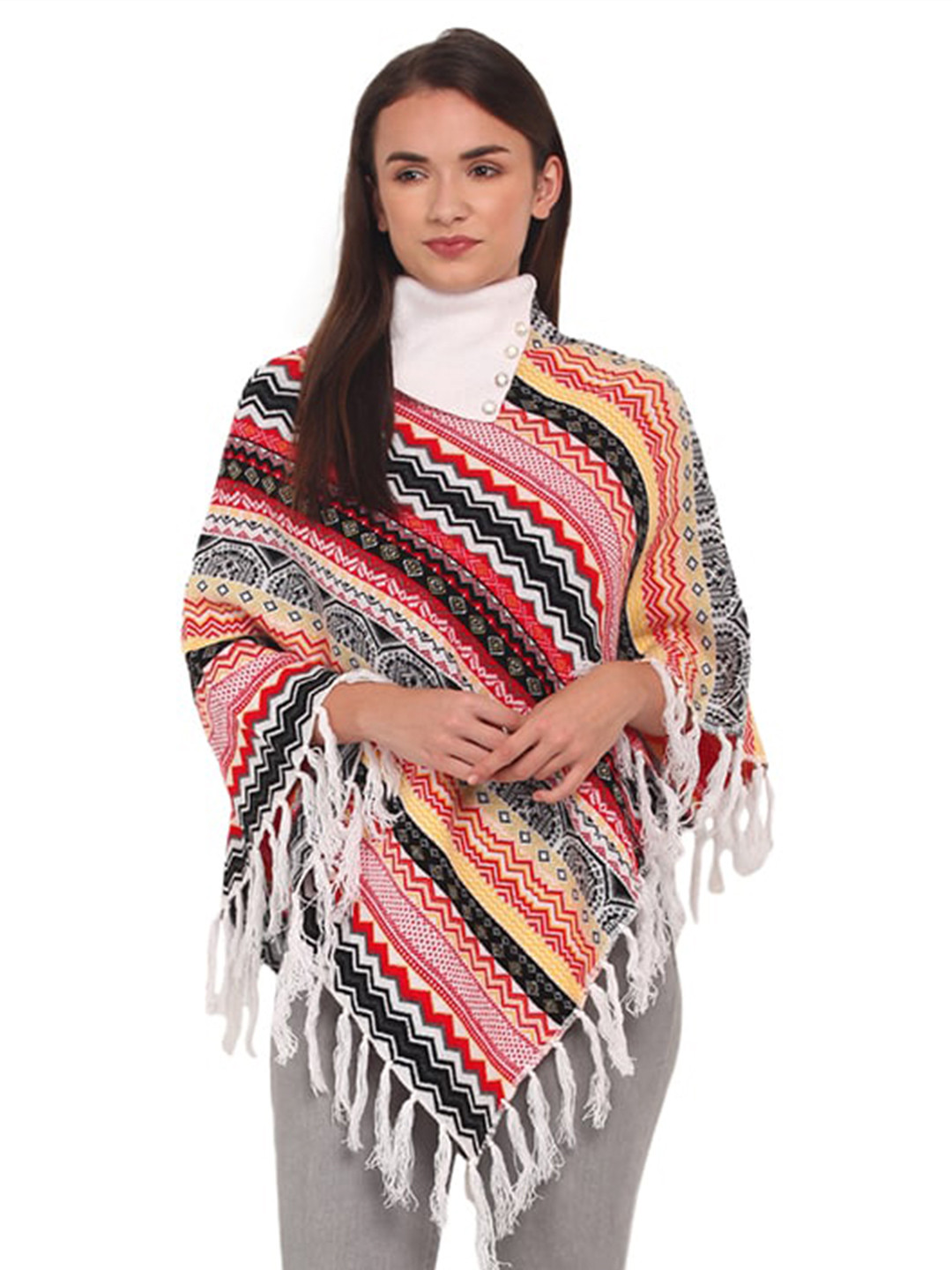 eWools Geometric Printed High Neck Woollen Poncho