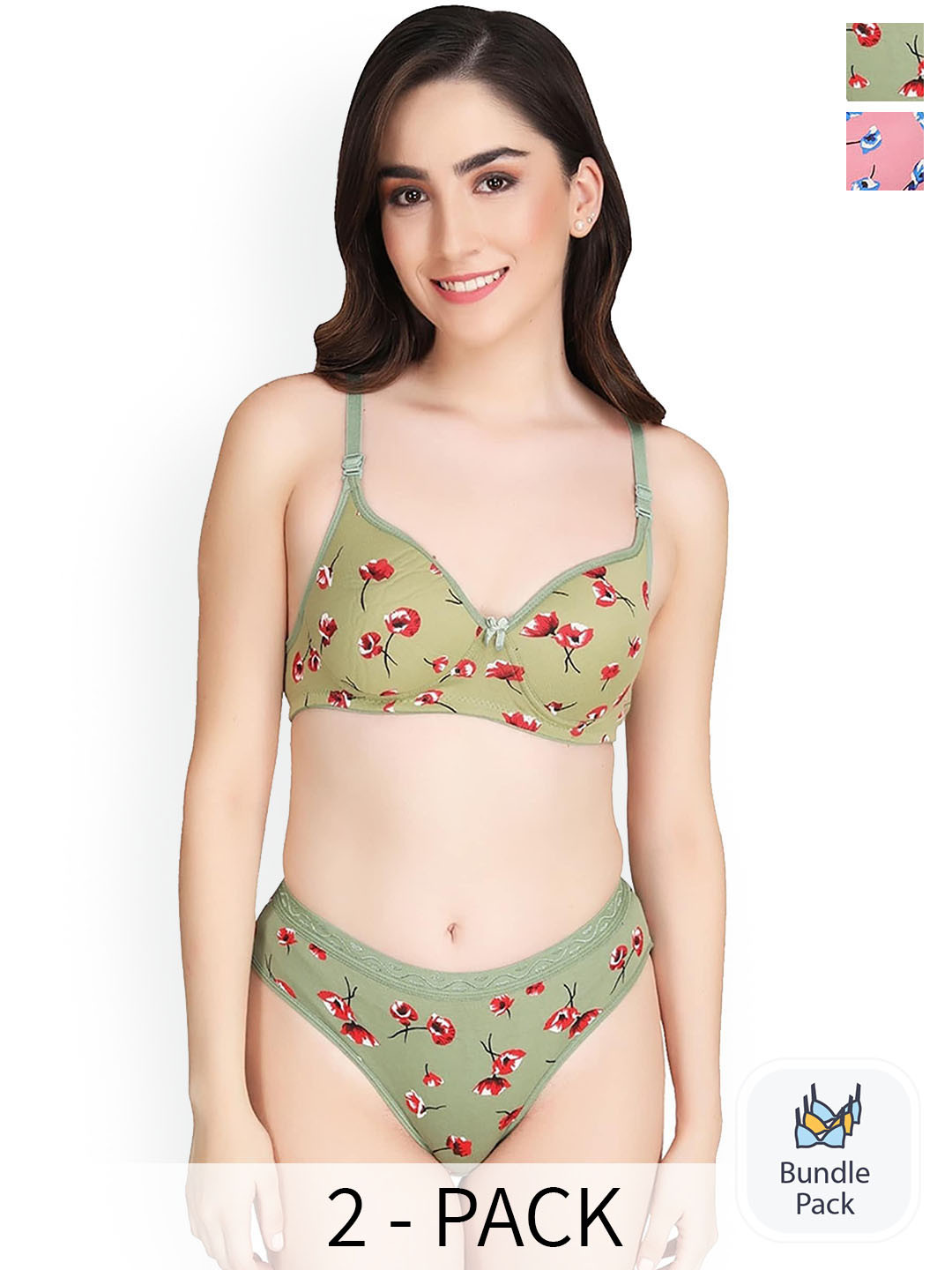 AROUSY Pack of 2 Cotton Lingerie Set M-Kali Set_Pink,Green_30