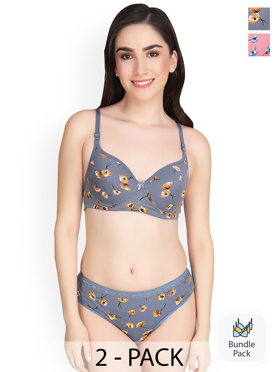 AROUSY Pack of 2 Cotton Lingerie Set M-Kali Set_Pink,Grey_30
