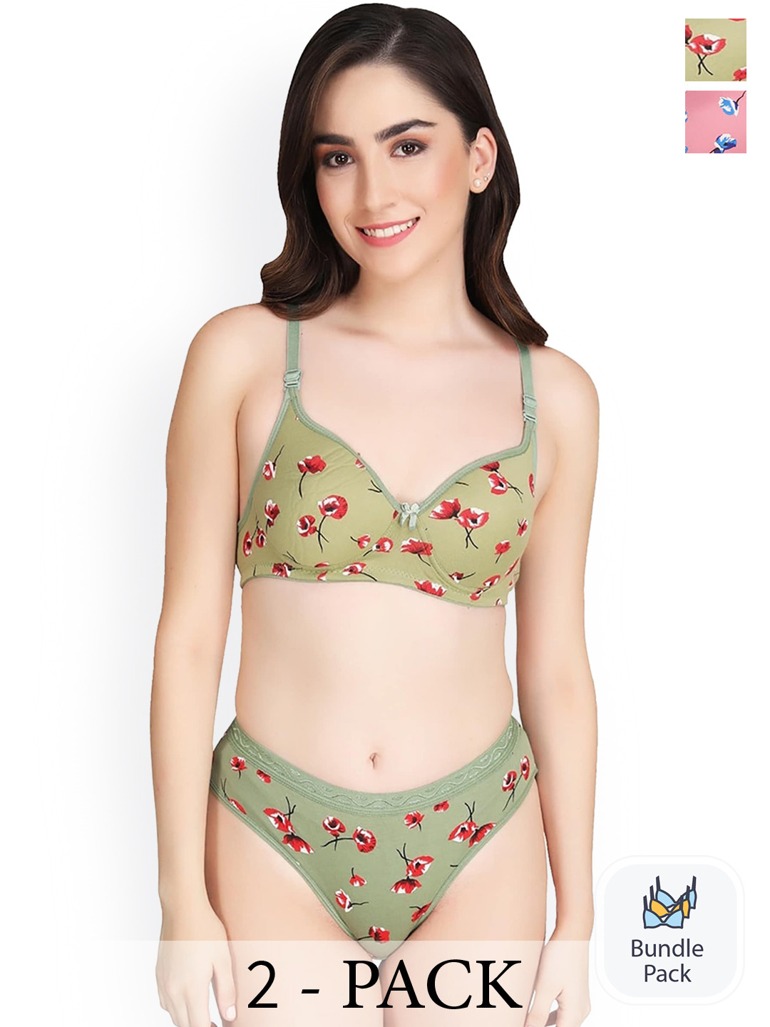 Aamarsh Pack Of 2 Floral Printed Cotton Lingerie Set A_M-Kali Set_Pink,Green_30