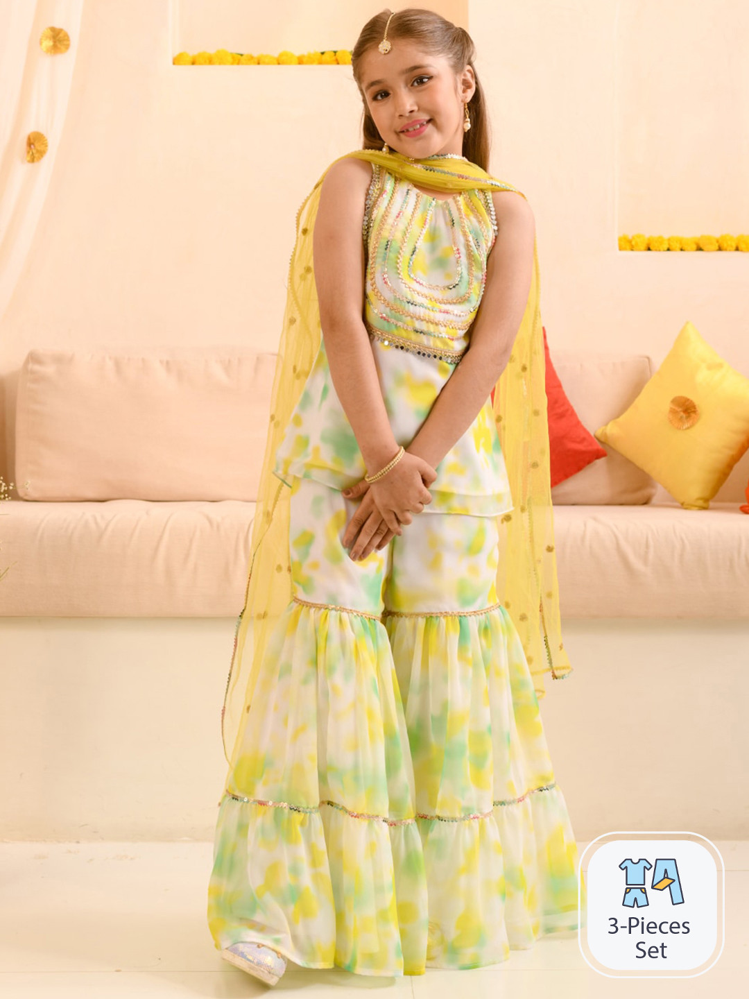 pspeaches Girls Dyed Regular Gotta Patti Kurta with Sharara & Dupatta