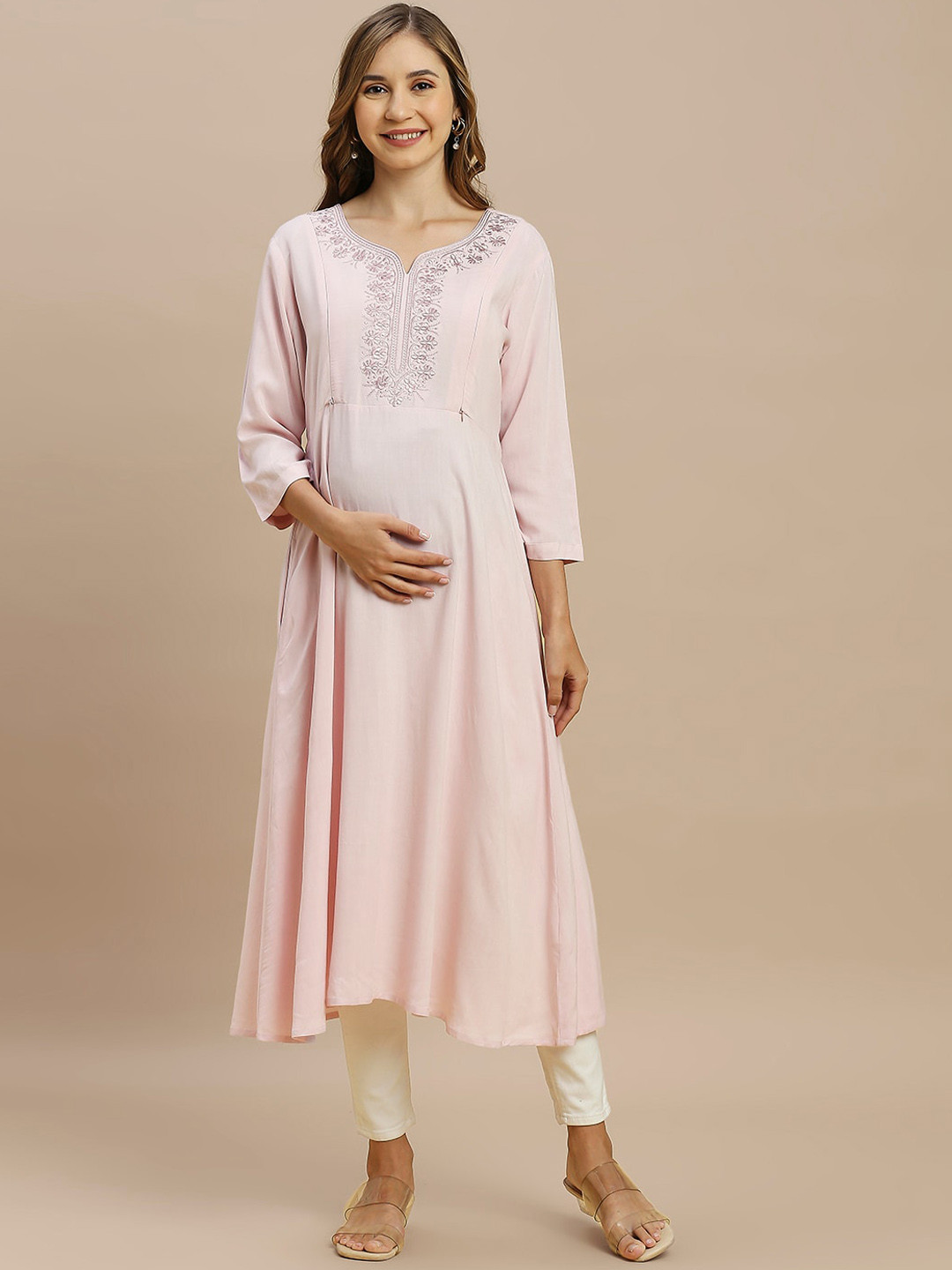 MomToBe Floral Yoke Designed Thread Work Anarkali Maternity Kurta