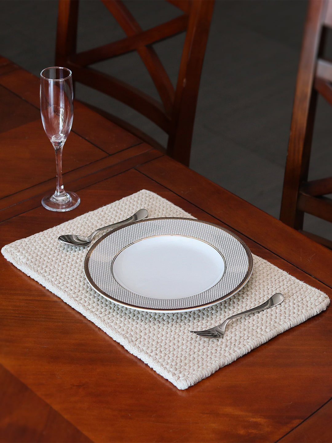 PluchiOff-White 2 Pieces Woven-Design Rectangular Pure Cotton Table Placemats