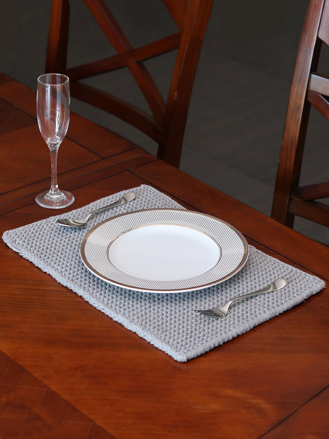Pluchi Grey 2 Pieces Woven-Design Rectangular Pure Cotton Table Placemats