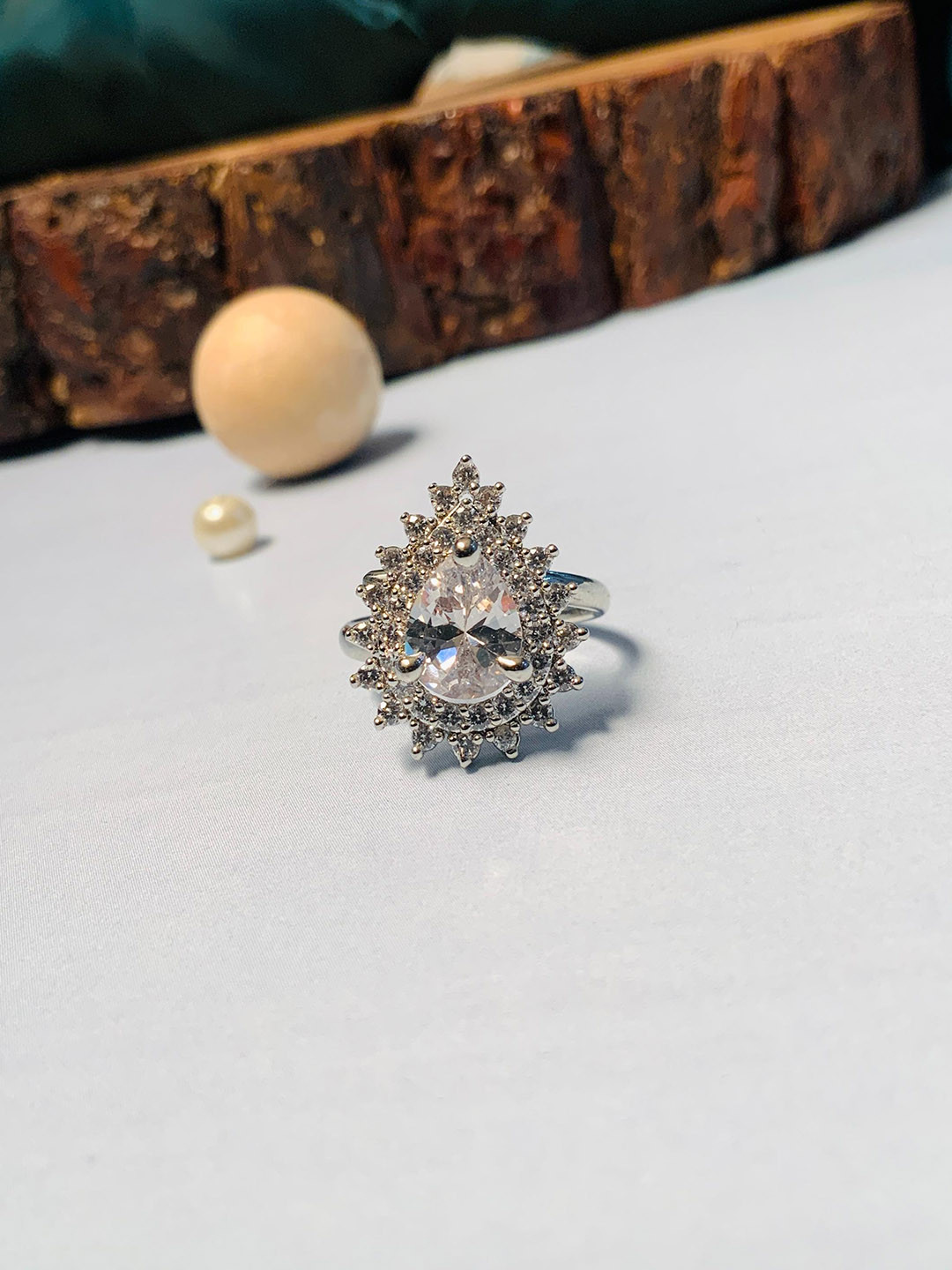 ABDESIGNS Silver-Plated American Diamond Finger Ring