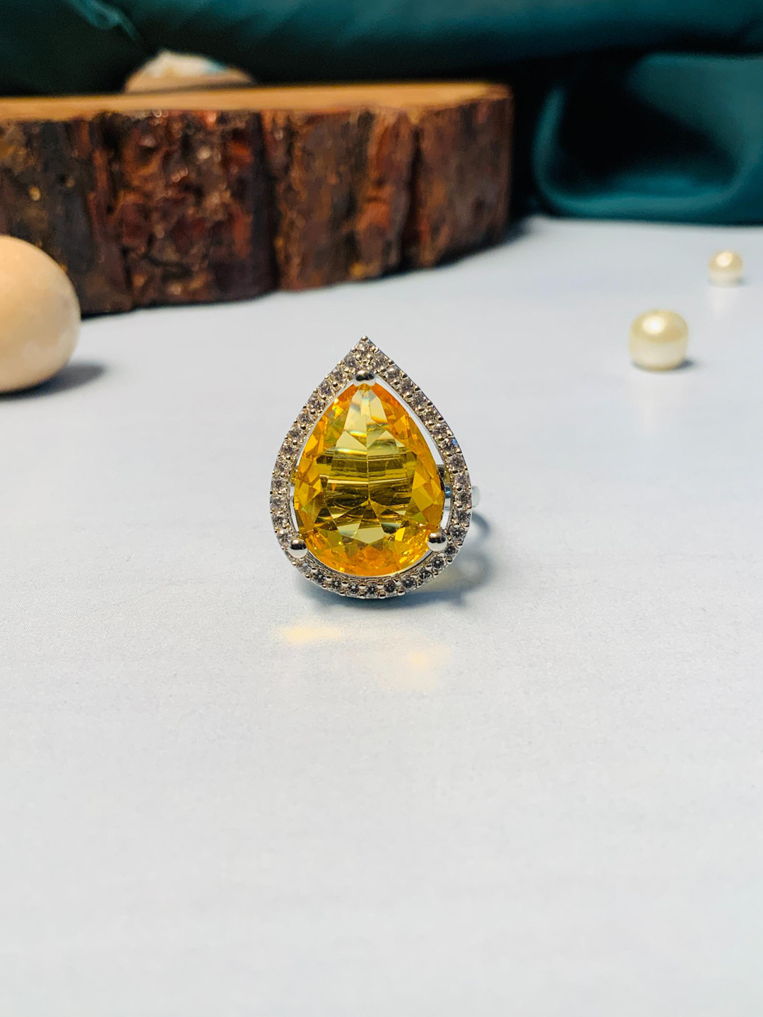 ABDESIGNS Sliver-Plated Stone-Studded Adjustable Finger Ring