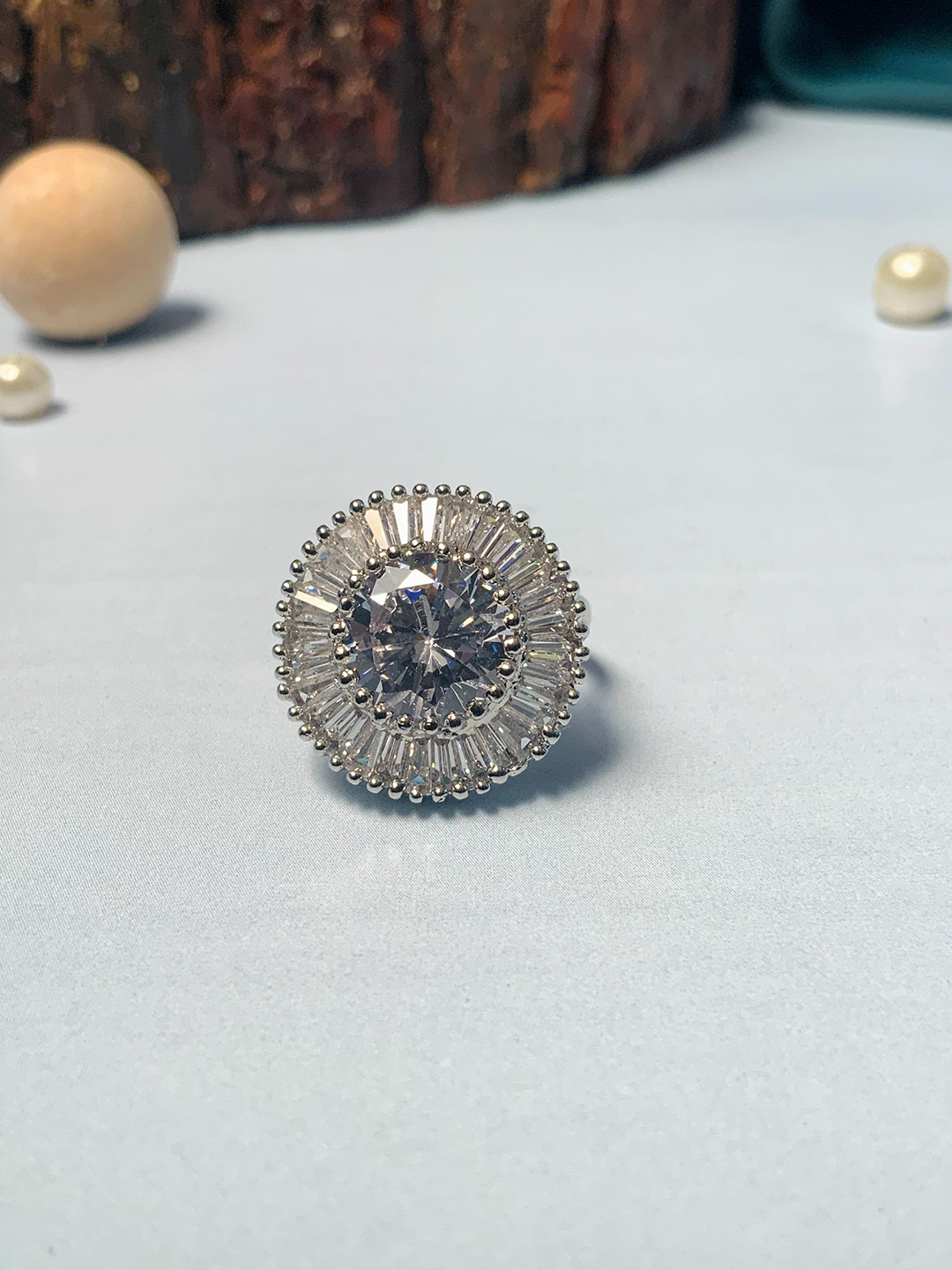 ABDESIGNS Sliver-Plated American Diamond-Studded Adjustable Finger Ring