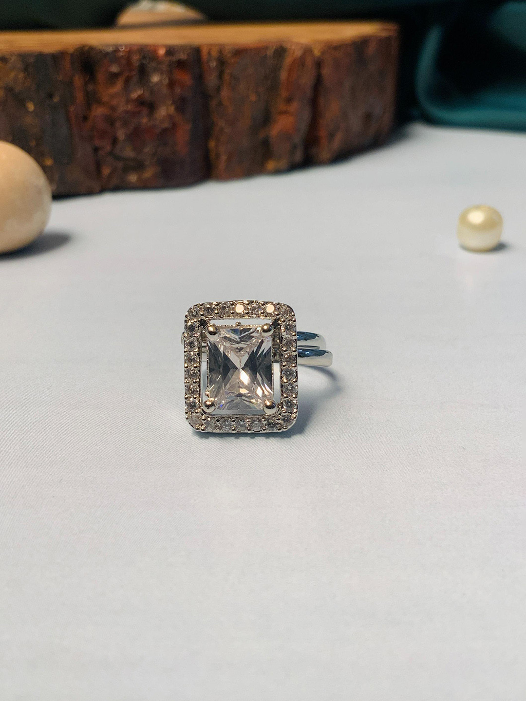 ABDESIGNS Silver-Plated American Diamond Studded Finger Ring