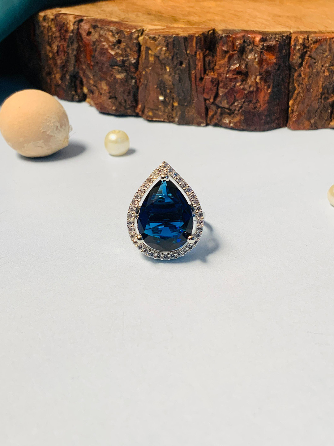 ABDESIGNS Silver-Plated Stone-Studded Drop Shape Finger Ring