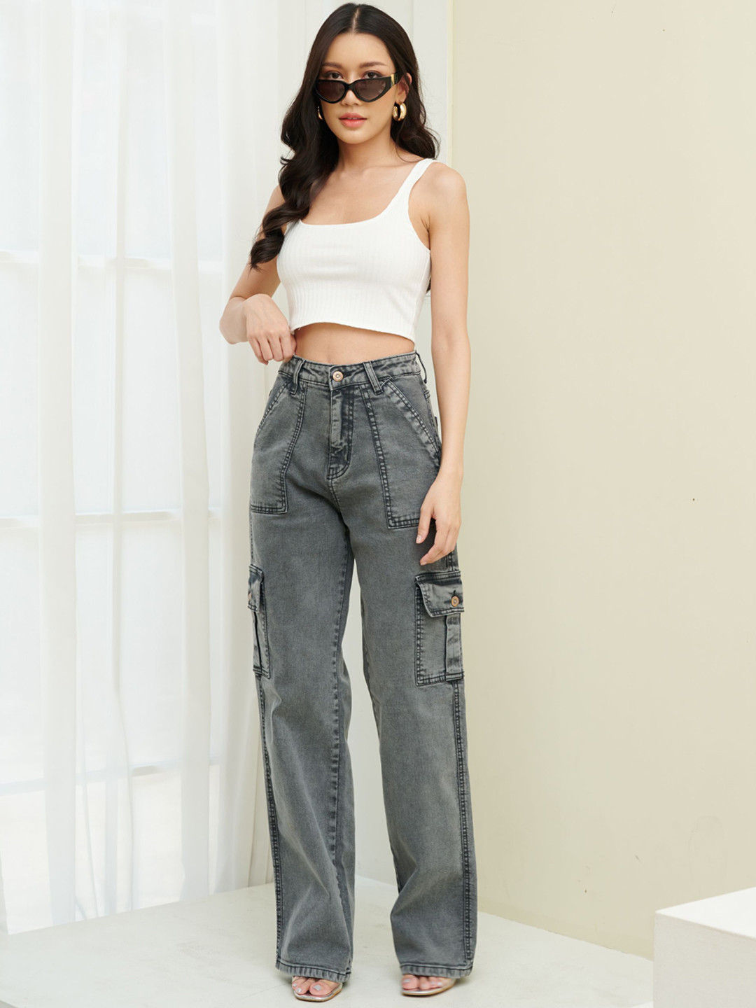 Off Duty India Women Grey Comfort Wide Leg High-Rise Cotton Jeans