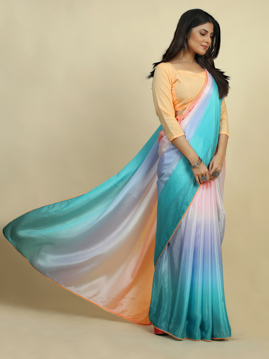 Sangria Blue Colourblocked Pure Chiffon Sarees