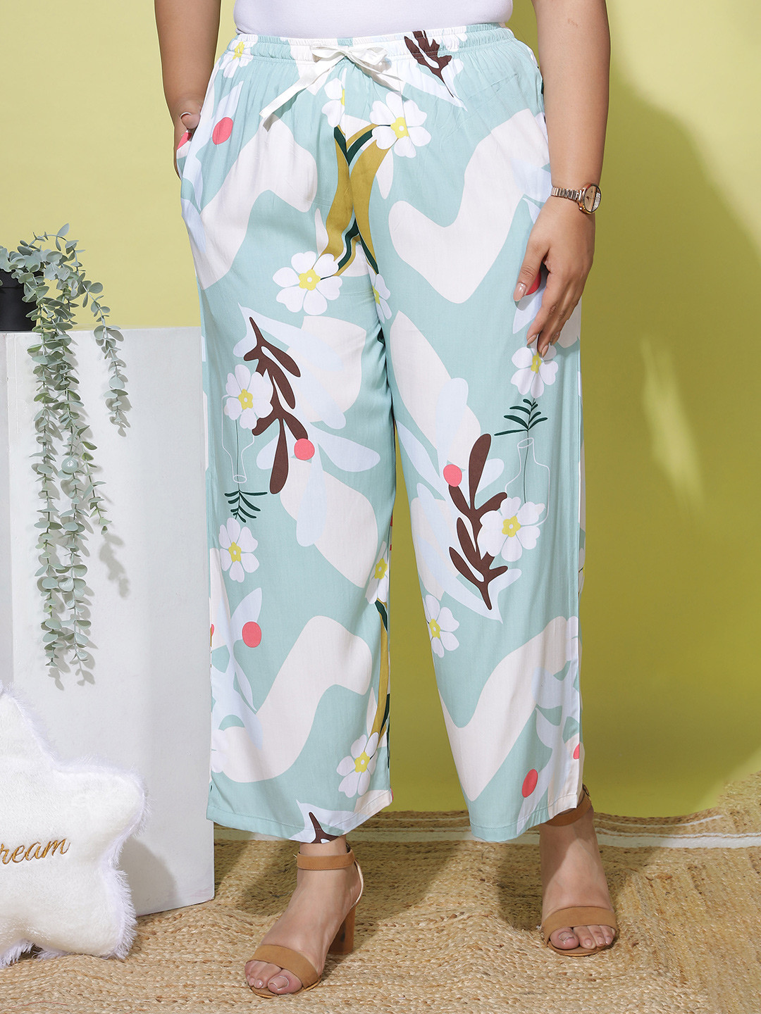 9shines Label Women Plus Size Floral Printed Wide Leg Palazzos