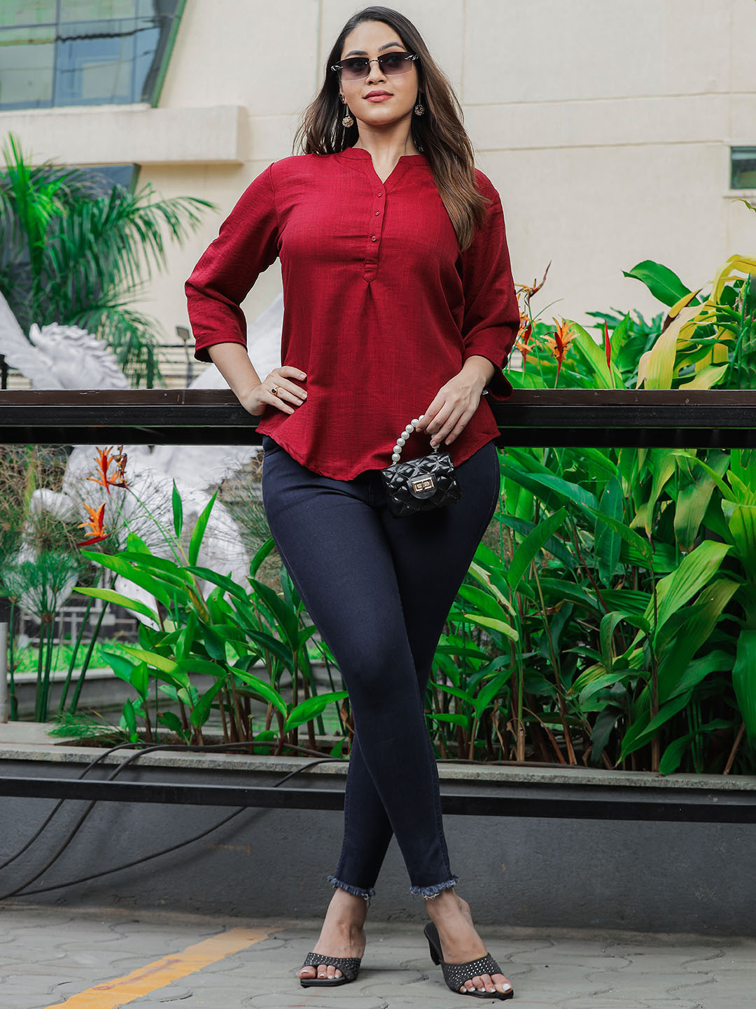 9shines Label Plus Size Mandarin Collar Shirt Style Top