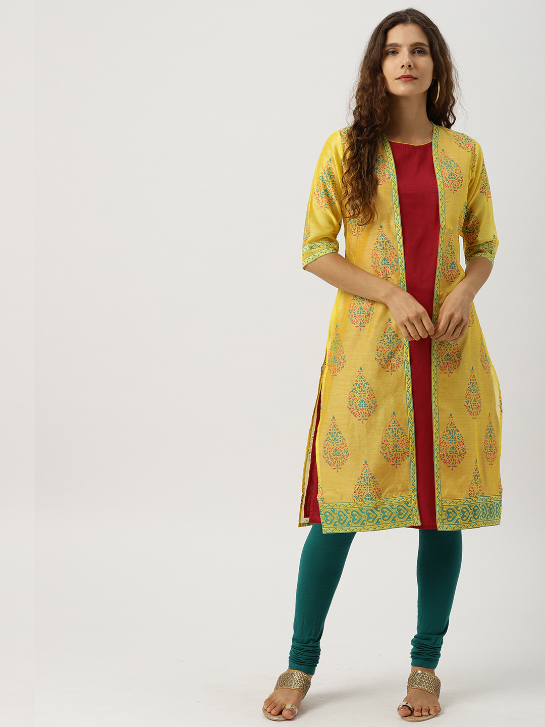 IMARA Women Yellow & Red Printed A-Line Layered Kurta