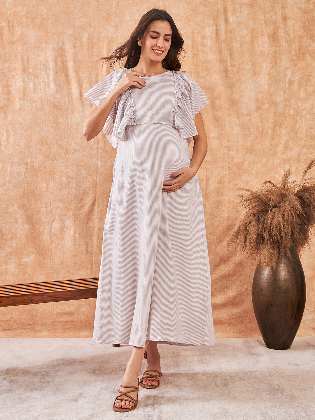 The Kaftan Company Flutter Sleeve Ruffled Maternity Cotton Linen Fit & Flare Maxi Dress