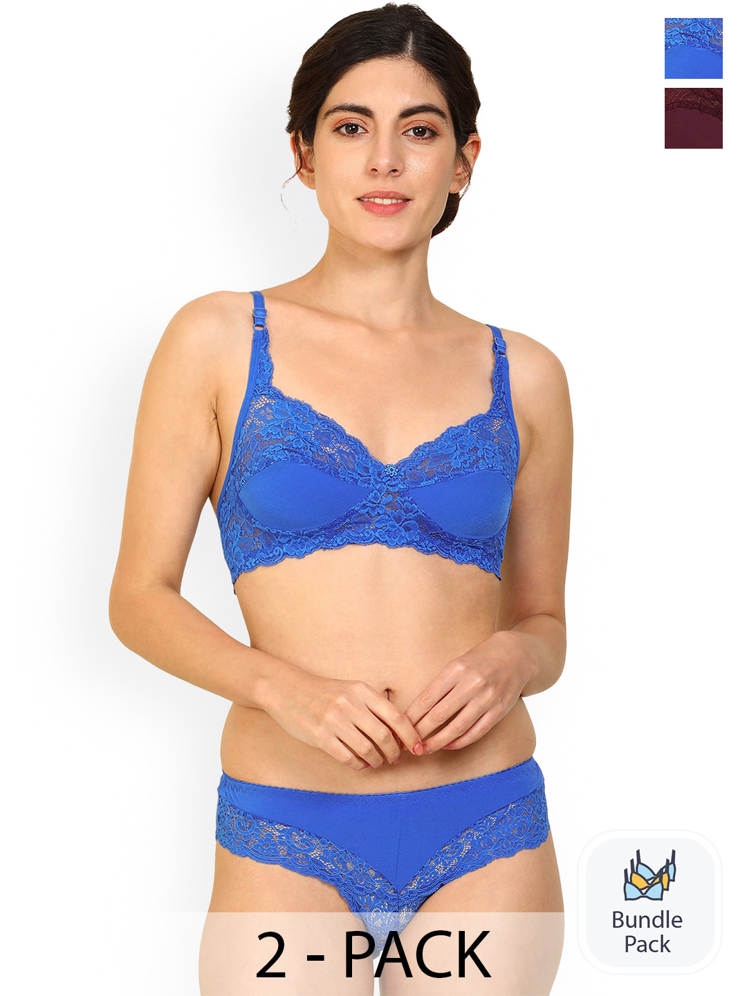 PIBU Pack Of 2 Non Padded Laced Lingerie Set F_T-Stich_Blue,Maroon_30