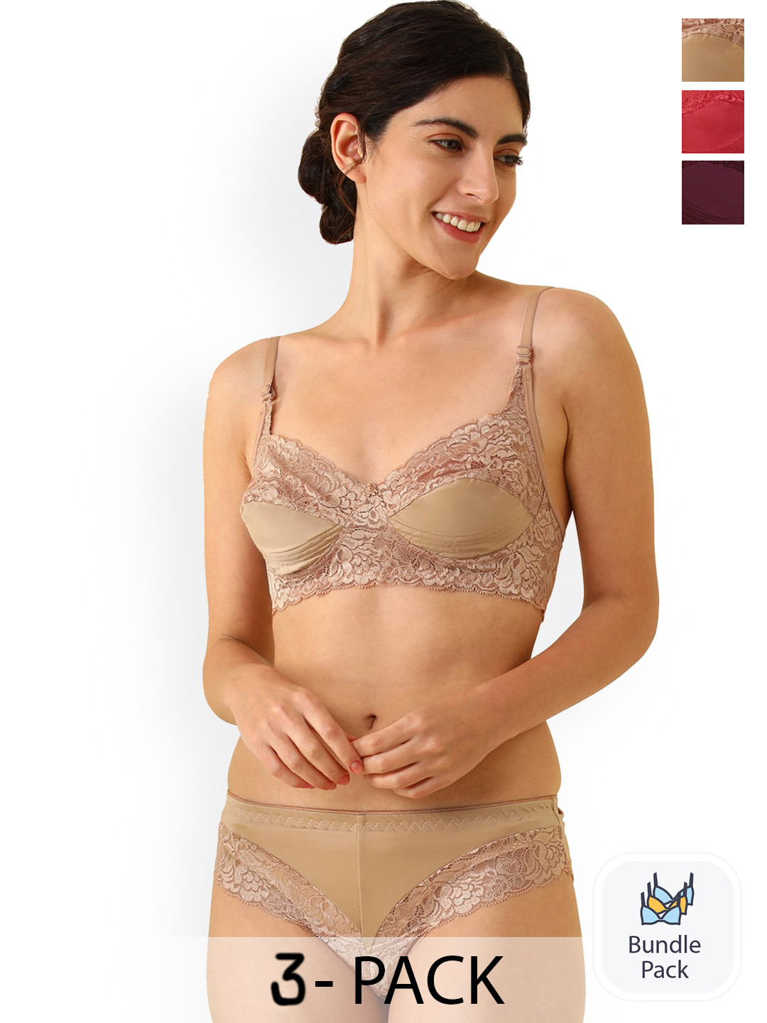PIBU Pack of 3 Non Padded Mid-Rise Cotton Lingerie Set F_T-Stich_Maroon,Red,Brown_30