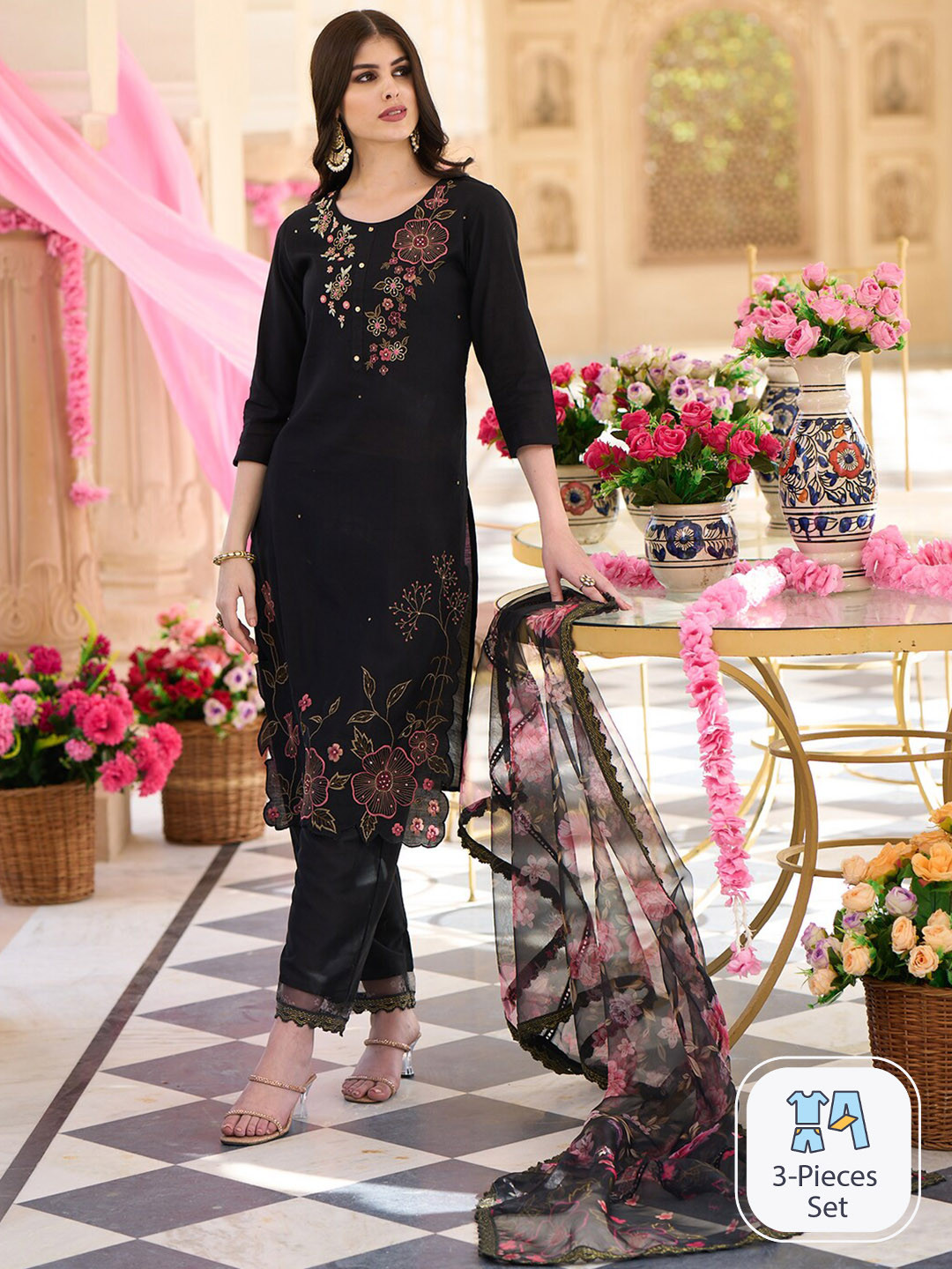 Indo Era Floral Embroidered Regular Thread Work Kurta With Trousers & Dupatta