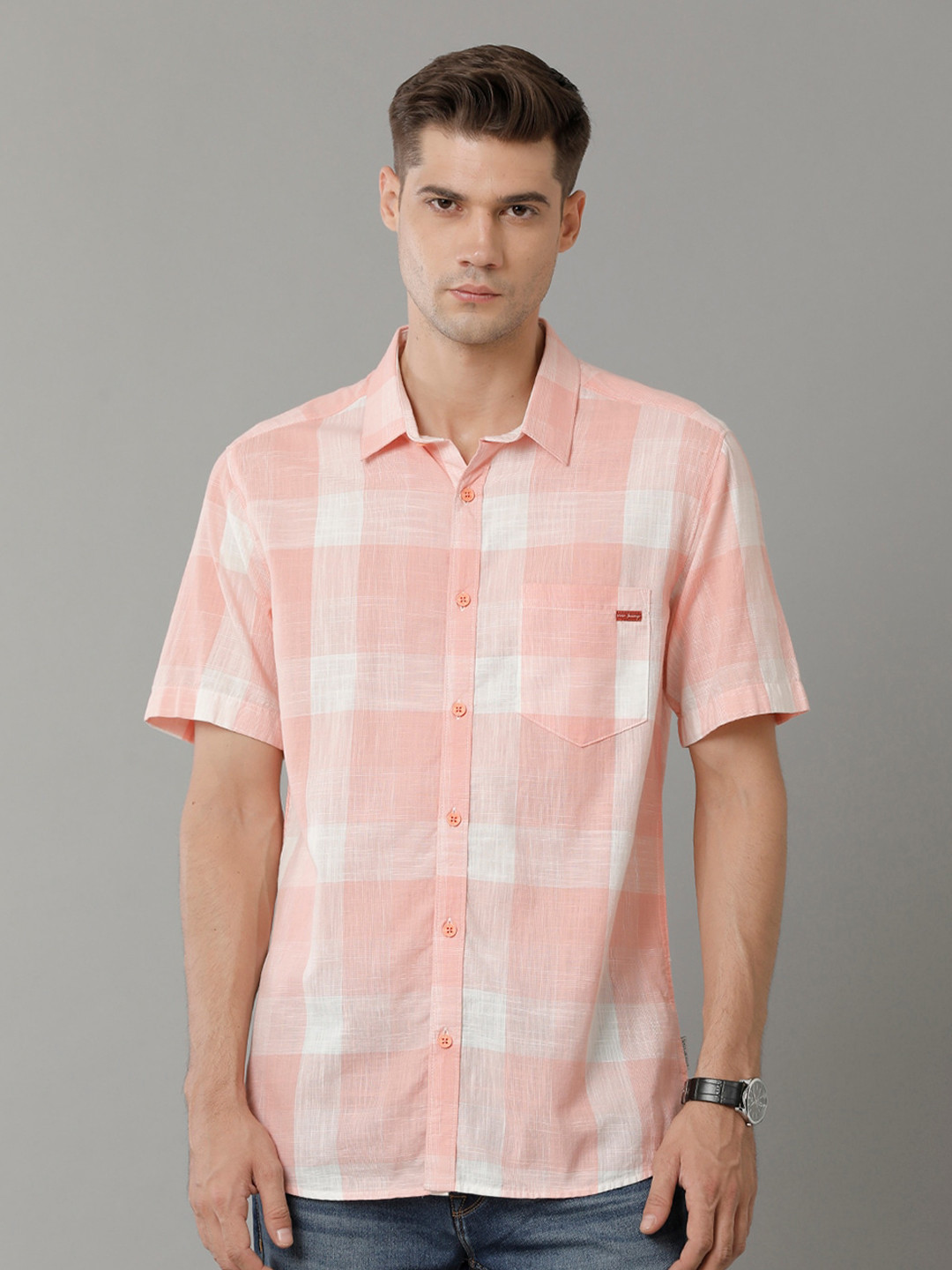 Voi Jeans Premium Slim Fit Other Checks Spread Collar Pocket Cotton Casual Shirt