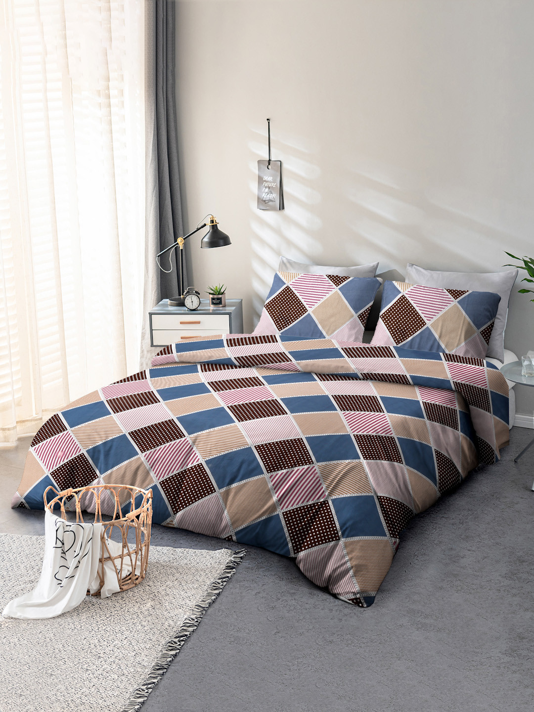 Cortina One Pink Checked Microfiber 144 TC Queen Bedsheet with 2 Pillow Covers-90 x 100 inches